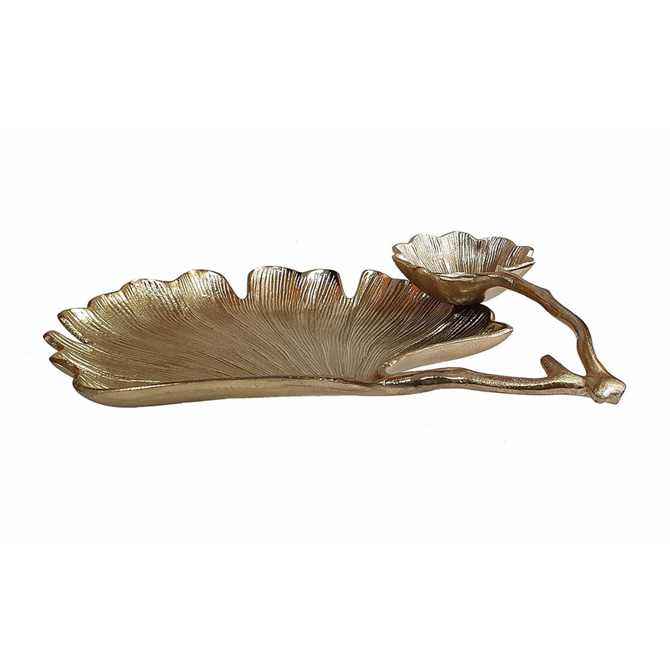 14 Inch Double Leaf Decorative Bowl, Firm Aluminum, Textured Gold Finish