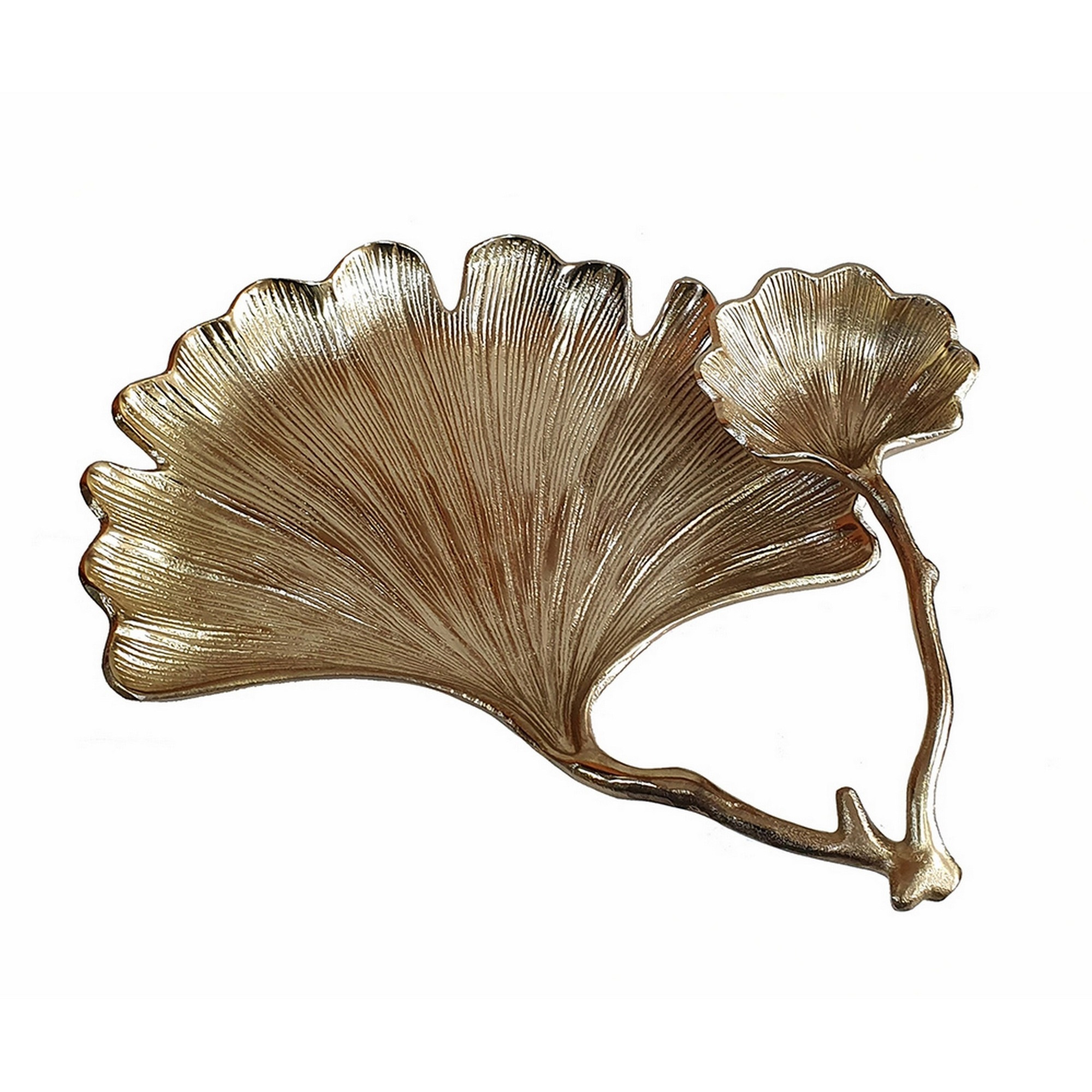 14 Inch Double Leaf Decorative Bowl, Firm Aluminum, Textured Gold Finish