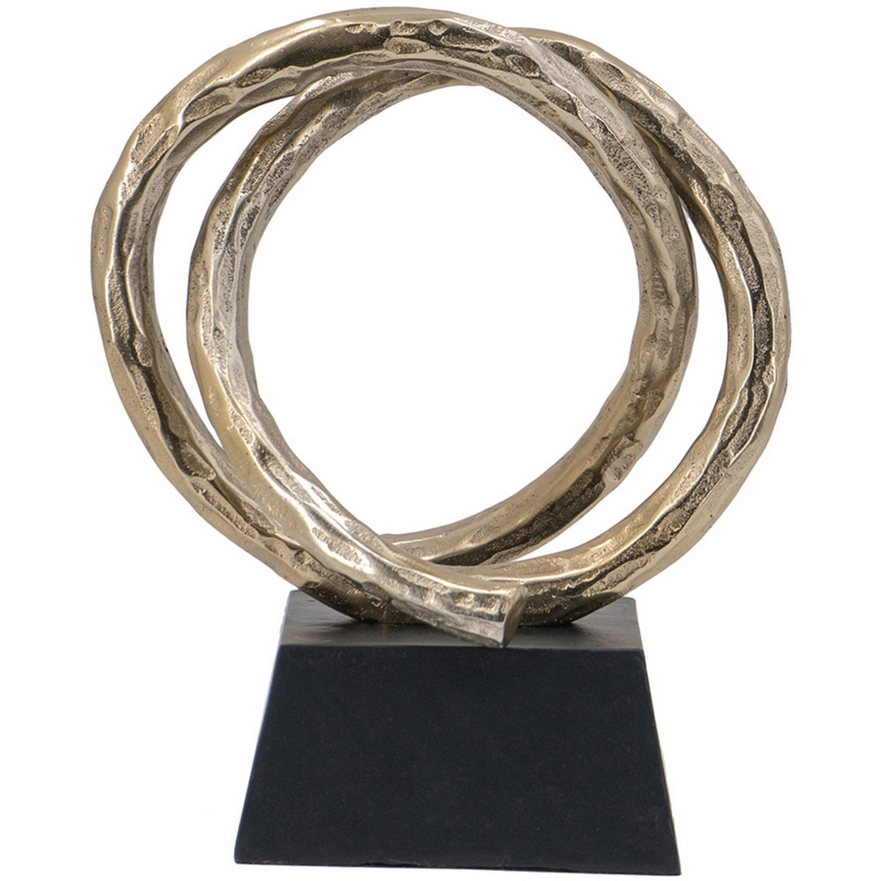 10 Inch Modern Table Sculpture, Bright Gold Aluminum, Intertwined Ring Loop