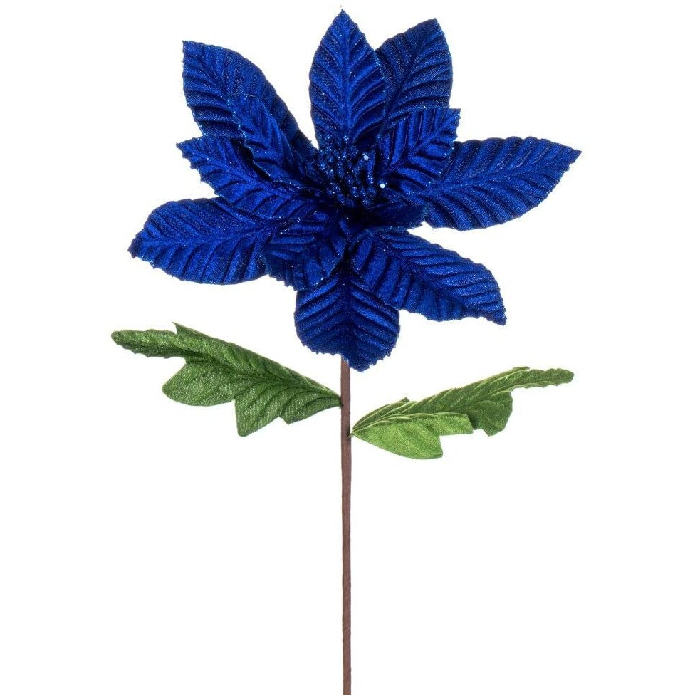 Vickerman 22" Blue Velvet Glitter Trim Poinsettia Stem 6 per bag.