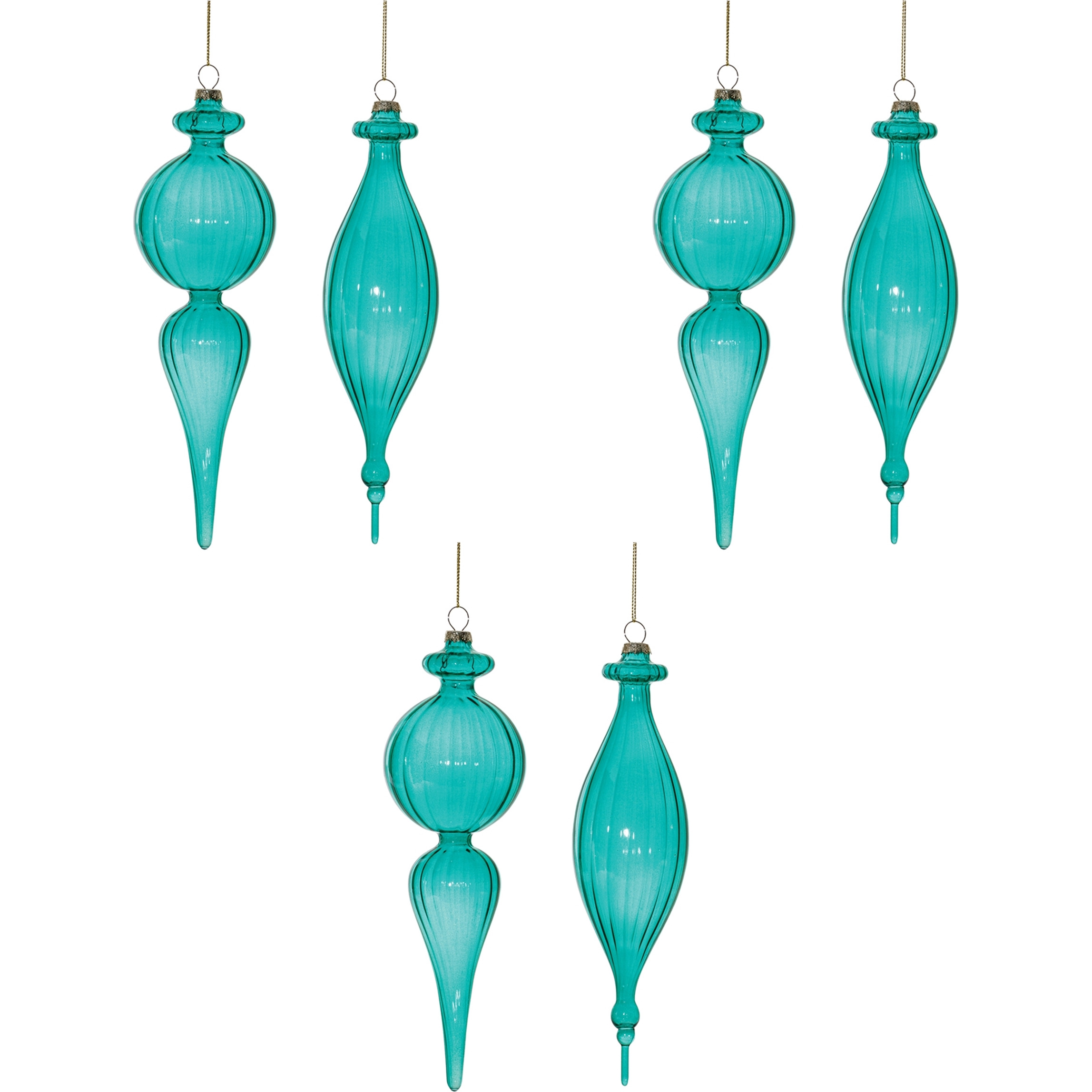 Blue Ribbed Glass Finial Drop Ornament (Set of 6)