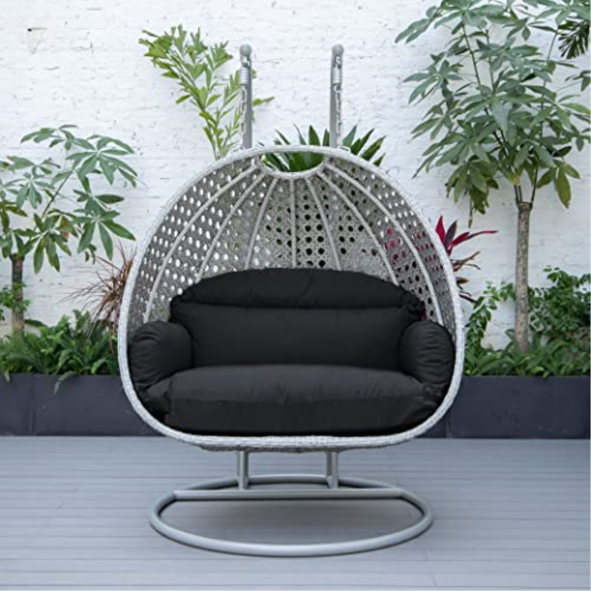 LeisureMod Mendoza Light Grey Wicker Hanging 2 person Egg Swing Chair