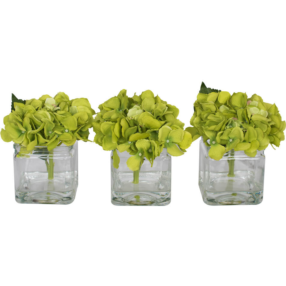 Vickerman 5" Green Hydrangea in Glass Cube 3/Set - F12237