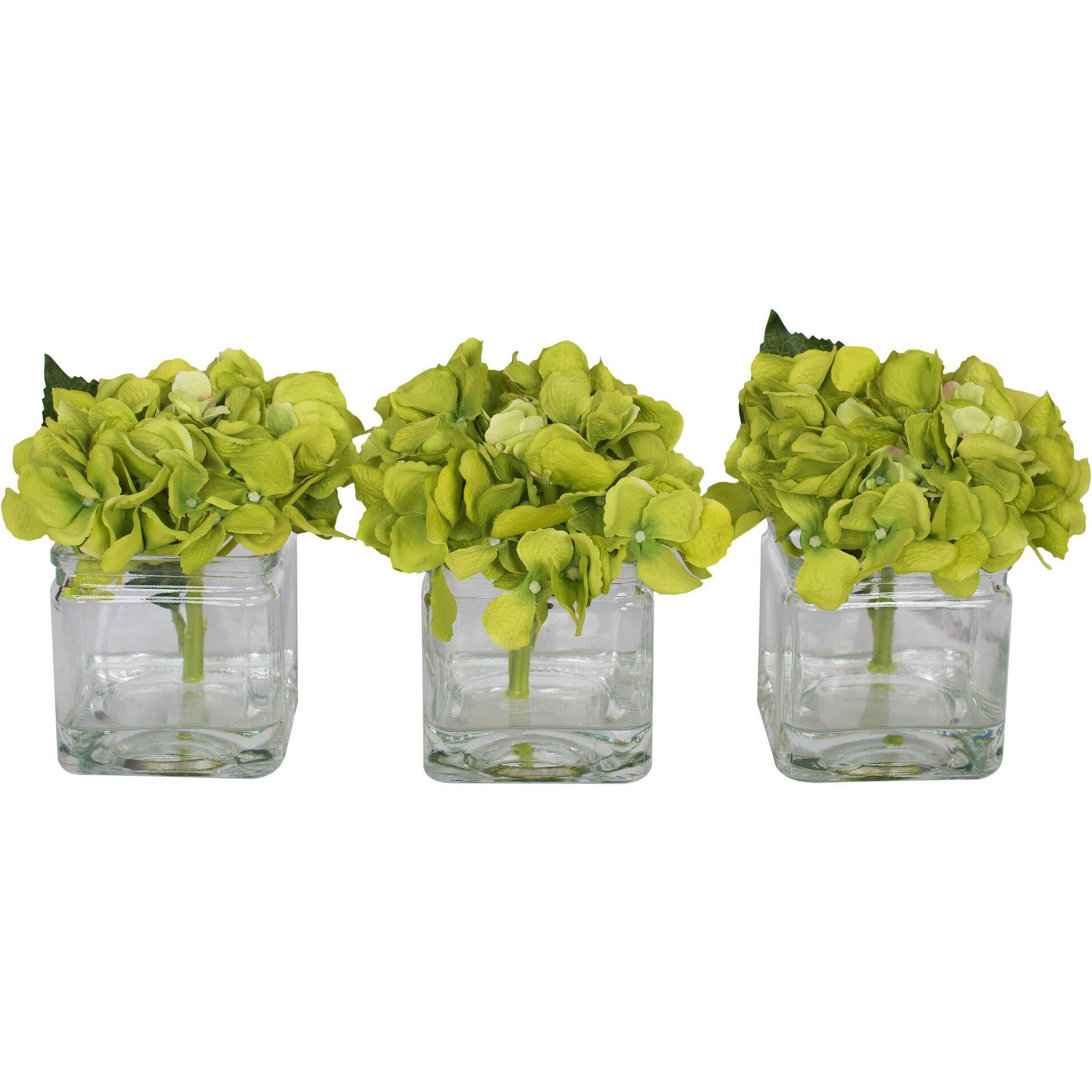 Vickerman 5" Green Hydrangea in Glass Cube 3/Set - F12237