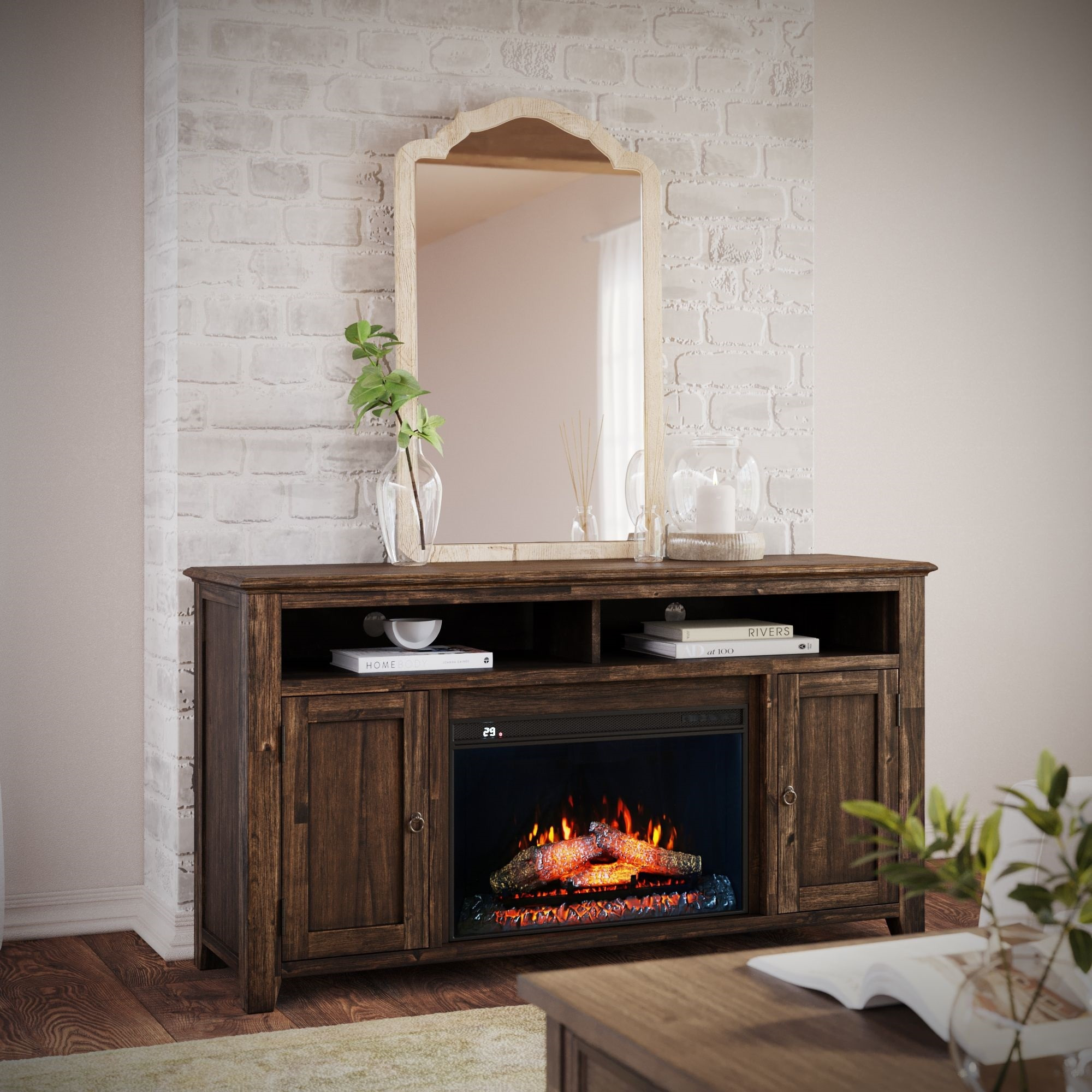 Bakersfield Transitional Rustic 60" Storage Console TV Stand with Electric Fireplace