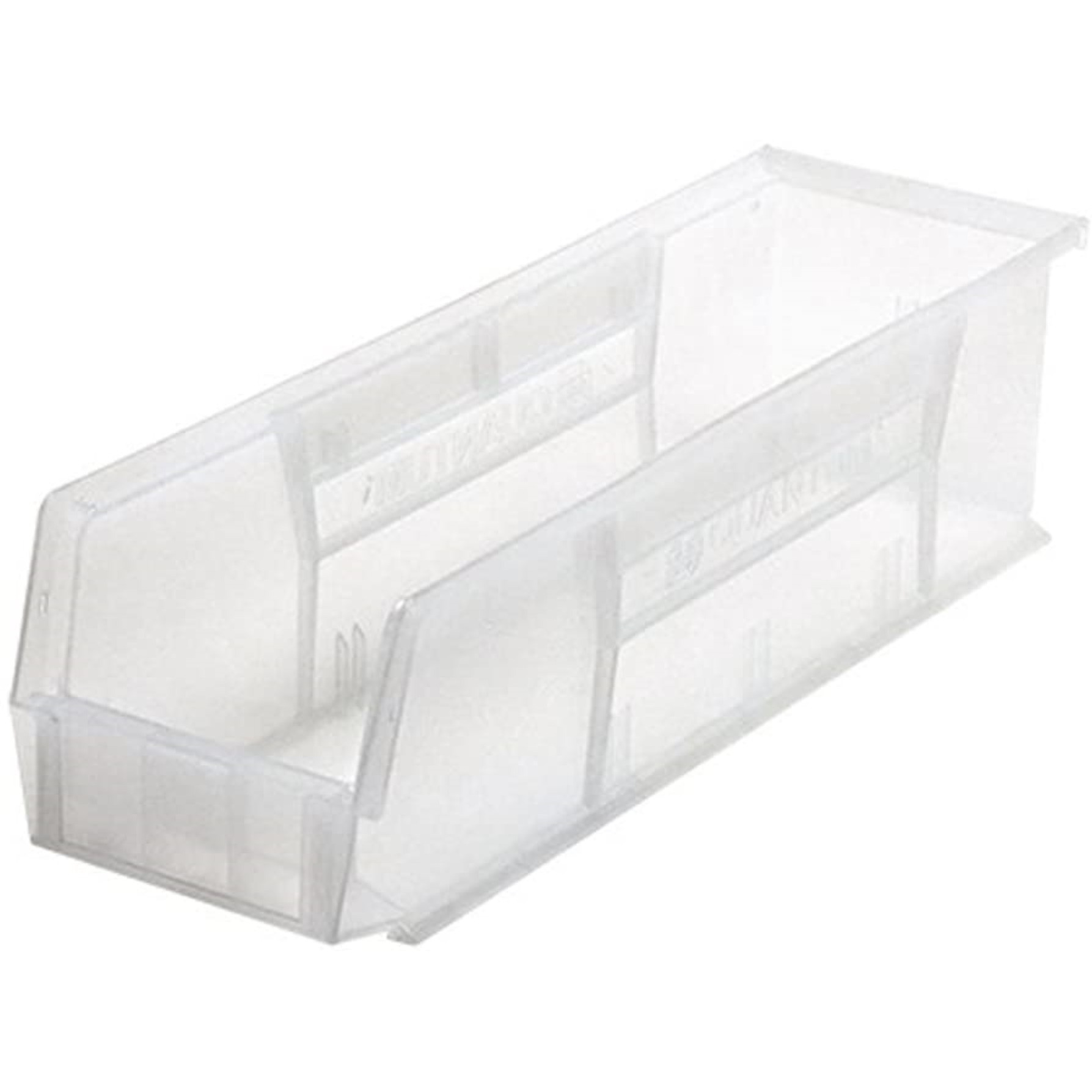 Bin, stacking or hanging, 5-1/2W x 18D x 5H, front/back/side grips, anti-slide lock, (1) divider slot, rear hanger, molded-in label holder, polypropylene, clear, Made in USA