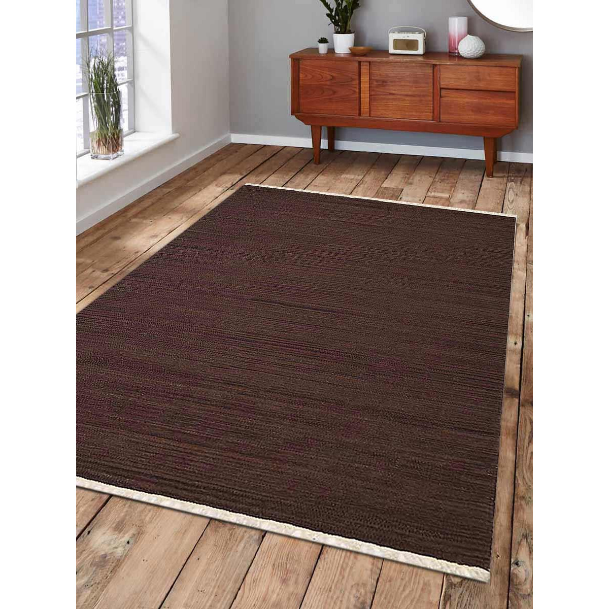 5 x 8 ft. UBSD00111 Hand Woven Flat Weave Kilim Wool Solid Area Rug - Dark Brown