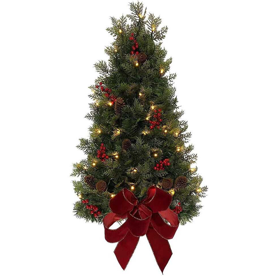 26 in. Battery Operated Pre-Lit Wall Tree with Red Bow