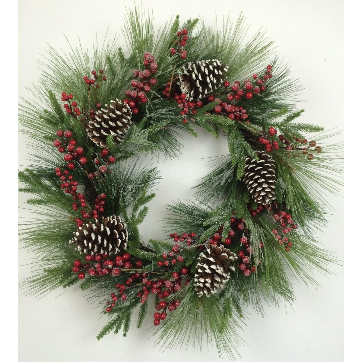 AI-FL7082-Q04 Pine Needles&44 Cones & Berries Wreath&44 Green&44 Red & Brown - Set of 4