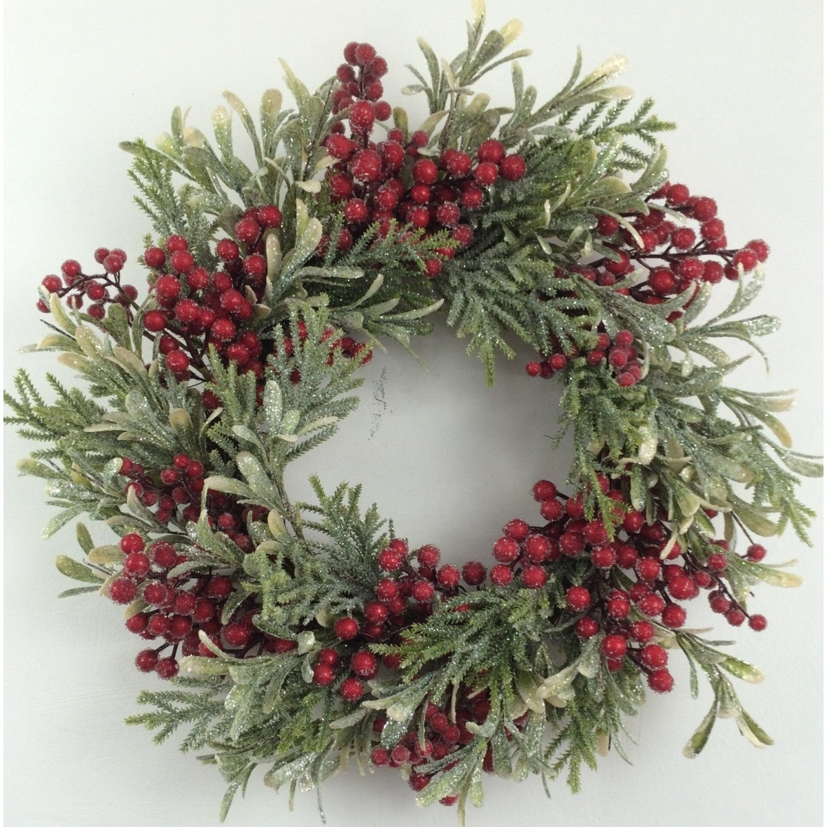 AI-FL7076-Q12 Glittered Green & Red Berries Wreath - Set of 12