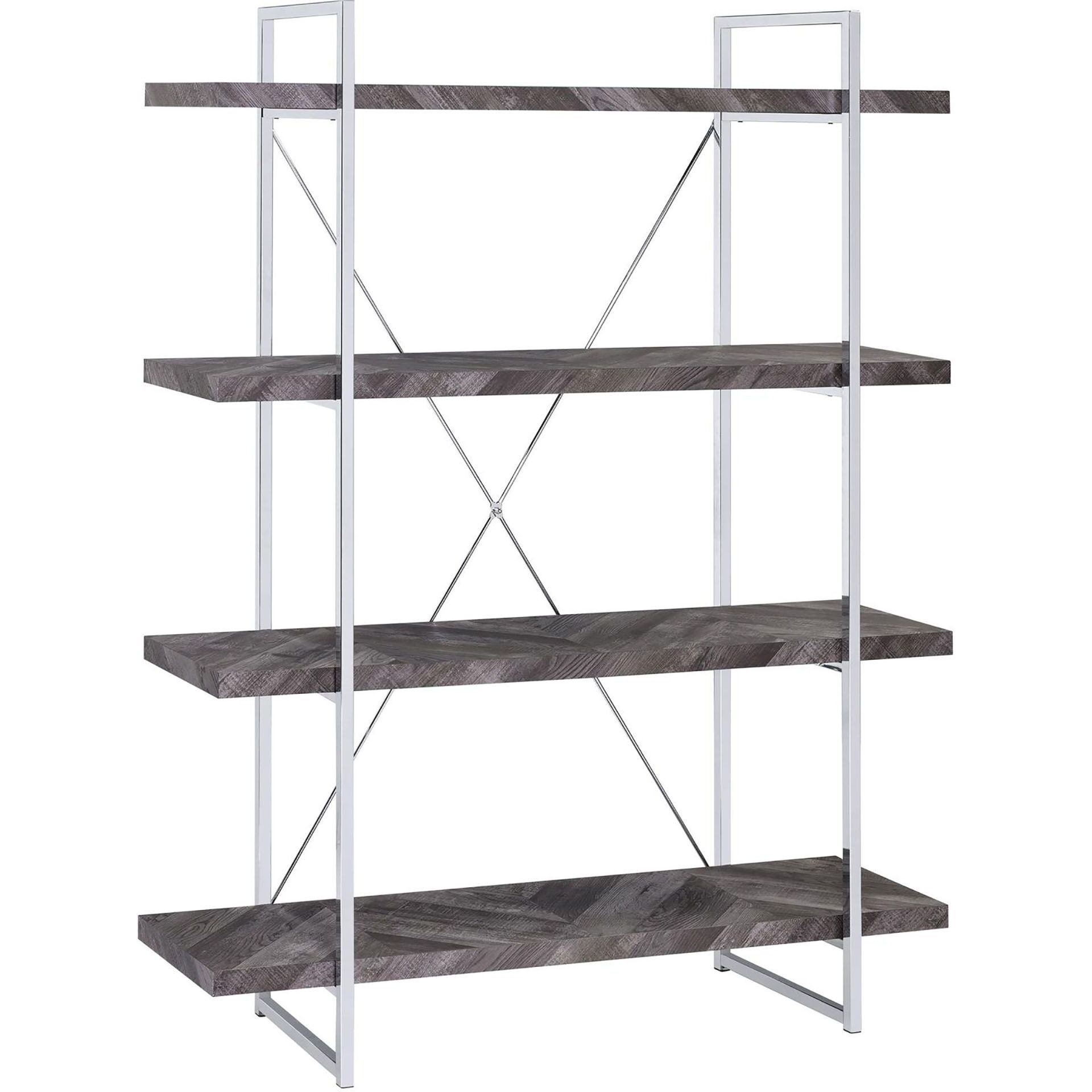 Rustic Grey Herringbone Bookcase with Full-Length Shelf