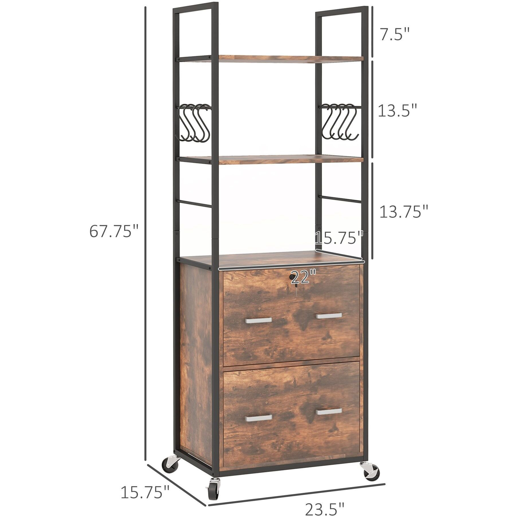 Vinsetto 2 Drawer Mobile File Cabinet with Lock & Hanging Bar, Rustic Brown