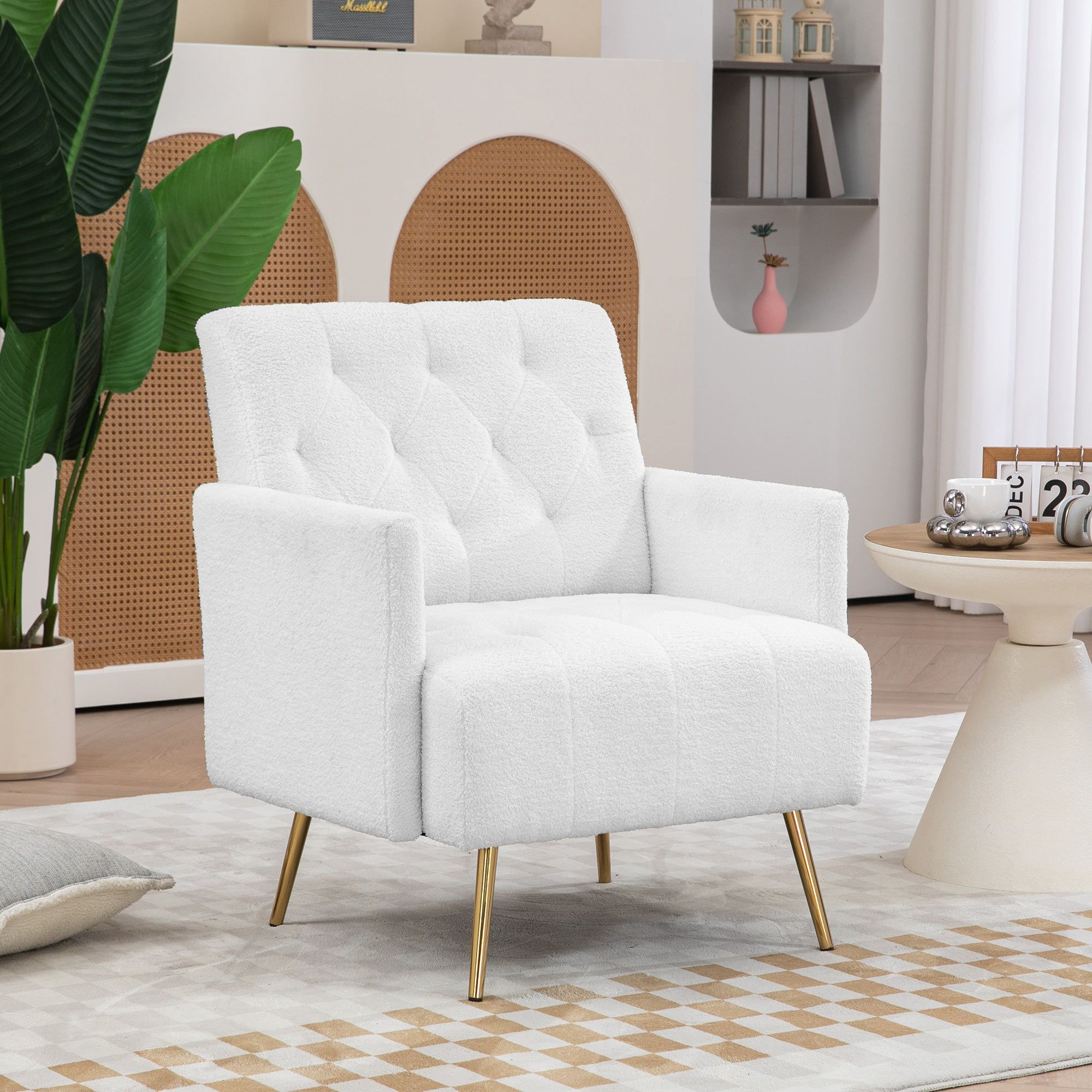 HOMCOM Modern Sherpa Accent Chair with Tufted Pattern and Steel Legs, White