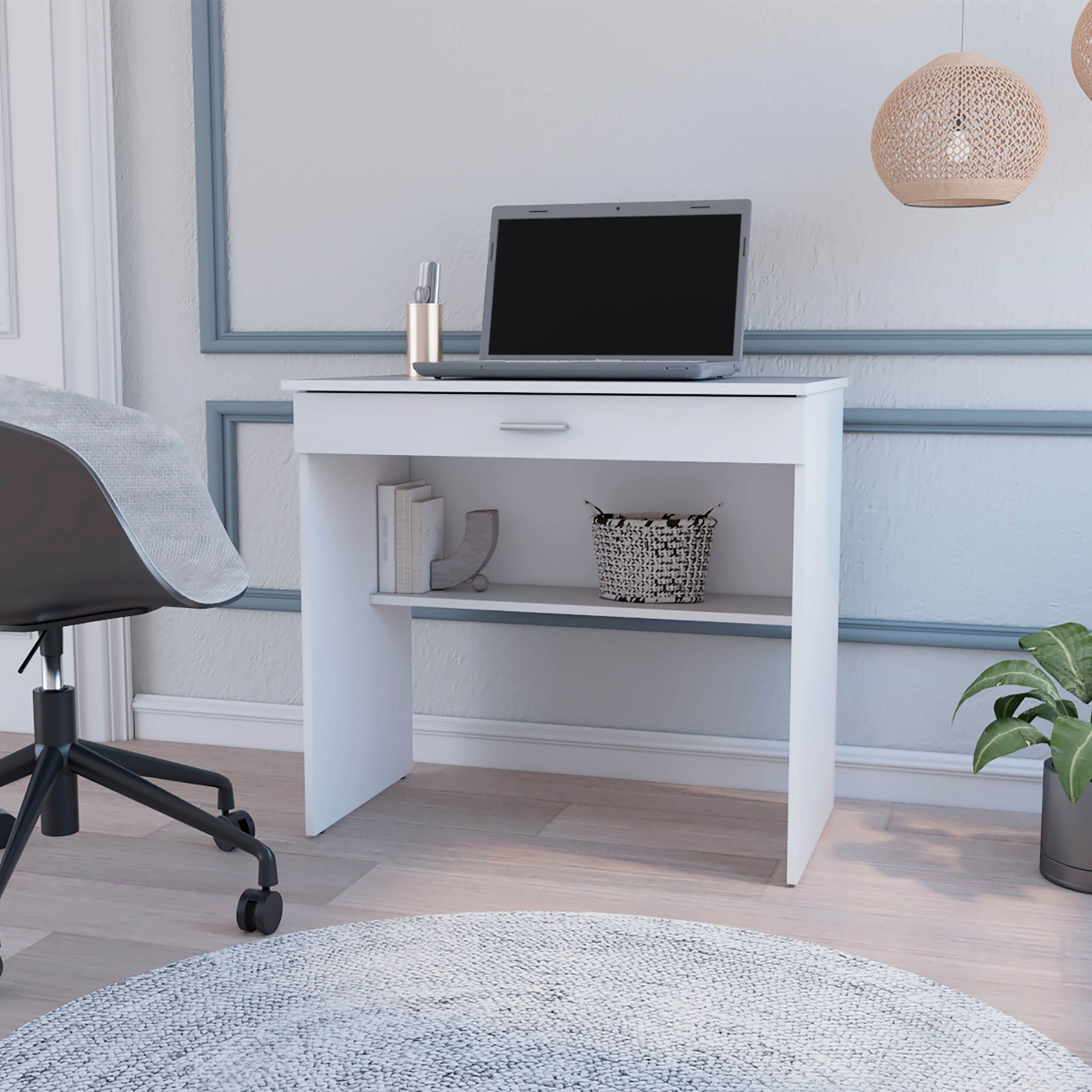 White Storage Desk with Drawer and Shelf