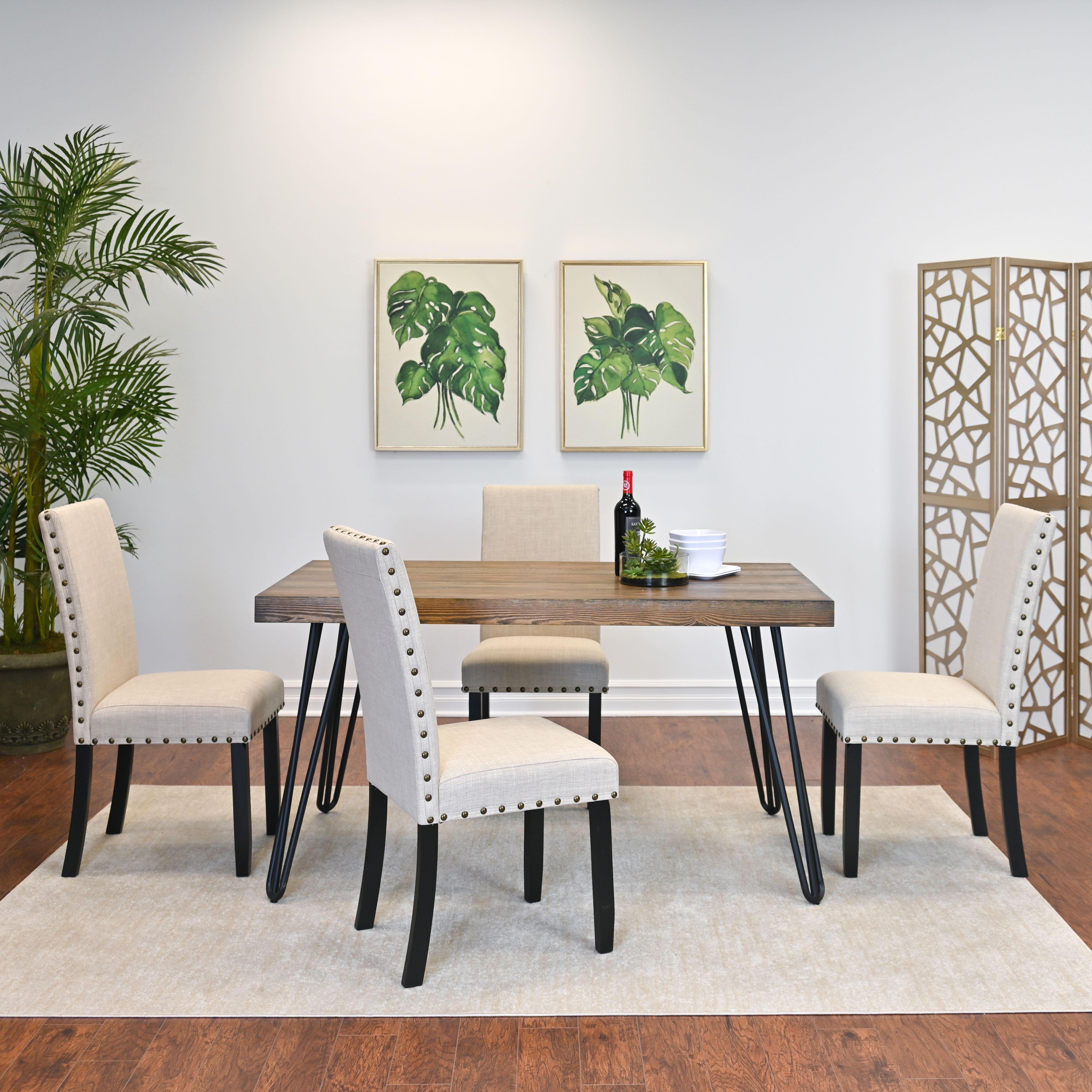 Amisos 6-Piece Dining Set, Hairpin Dining Table with 4 Chairs and a Wood Bench, 3 Color Options