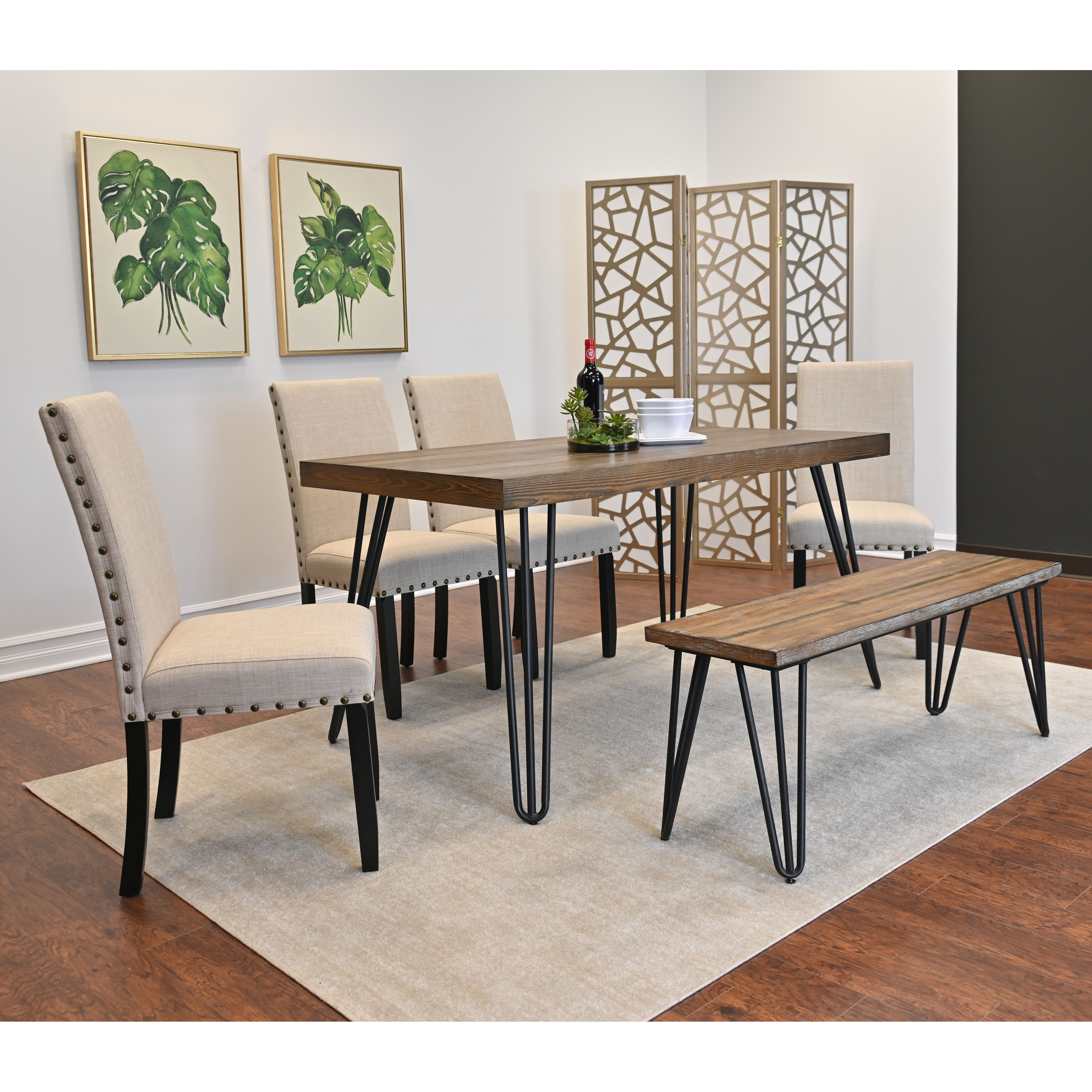 Amisos 6-Piece Dining Set, Hairpin Dining Table with 4 Chairs and a Wood Bench, 3 Color Options