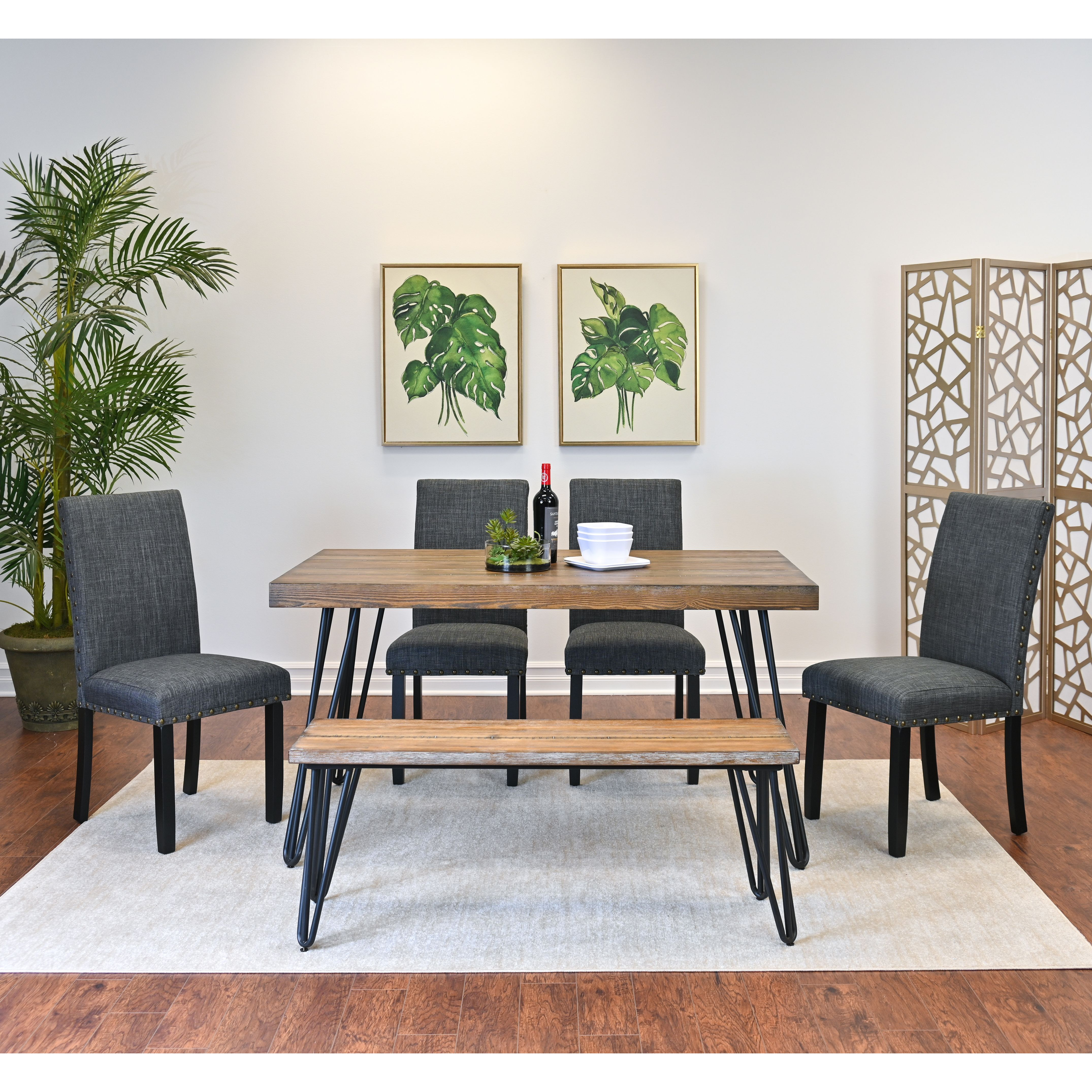 Amisos 6-Piece Dining Set, Hairpin Dining Table with 4 Chairs and a Wood Bench, 3 Color Options