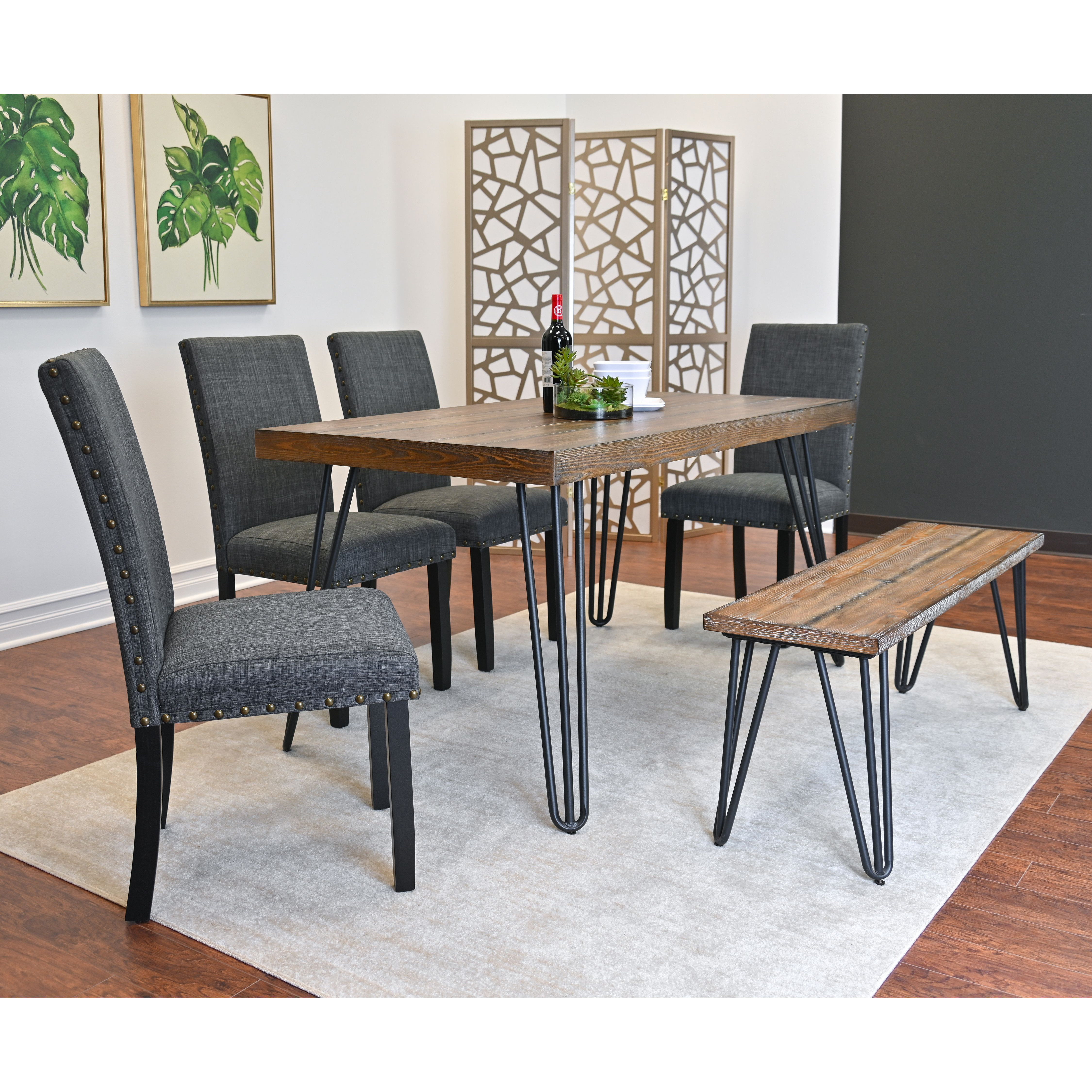 Amisos 6-Piece Dining Set, Hairpin Dining Table with 4 Chairs and a Wood Bench, 3 Color Options