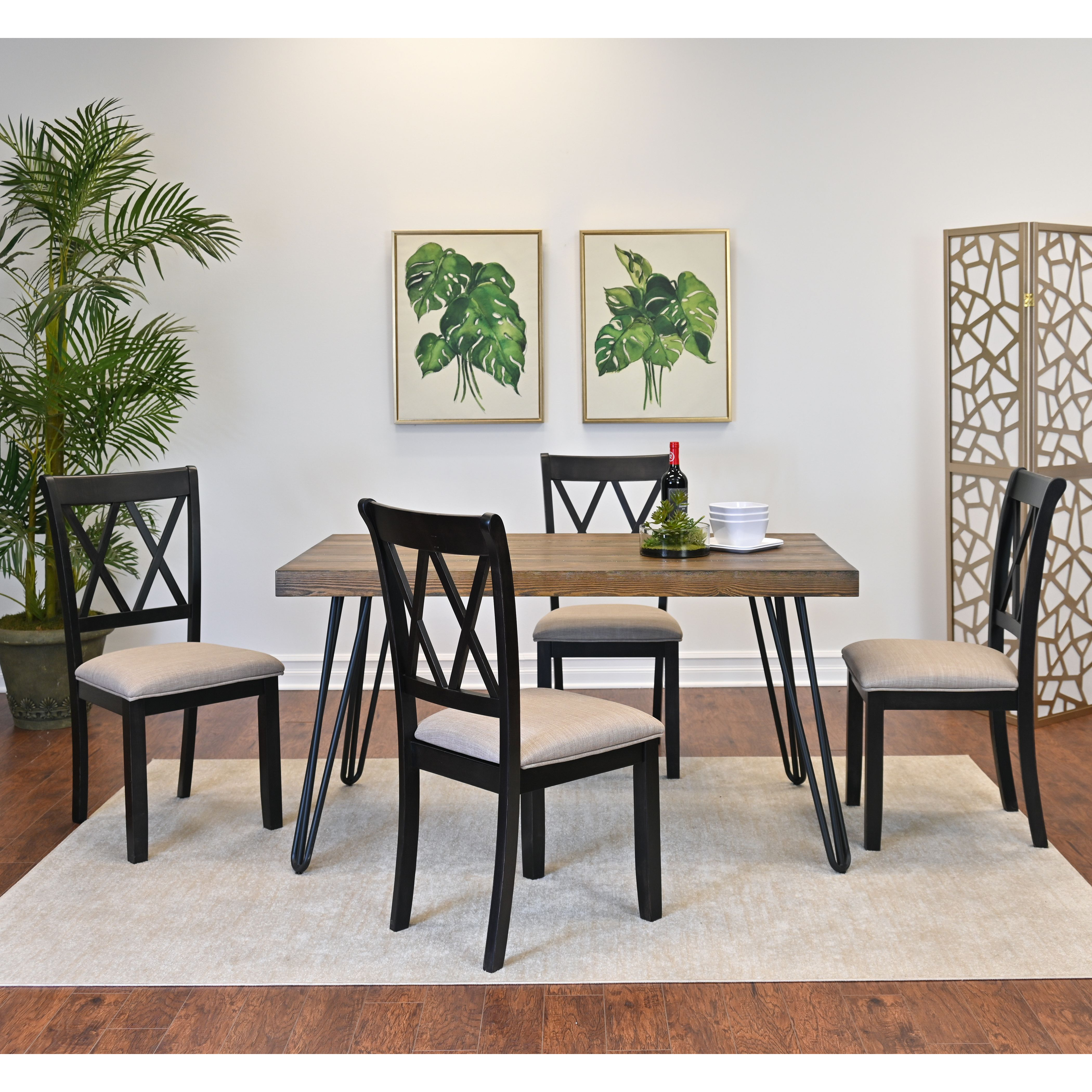 Arroyo 5-Piece Dining Set, Hairpin Dining Table with 4 Cross-back Chairs, Rich Black