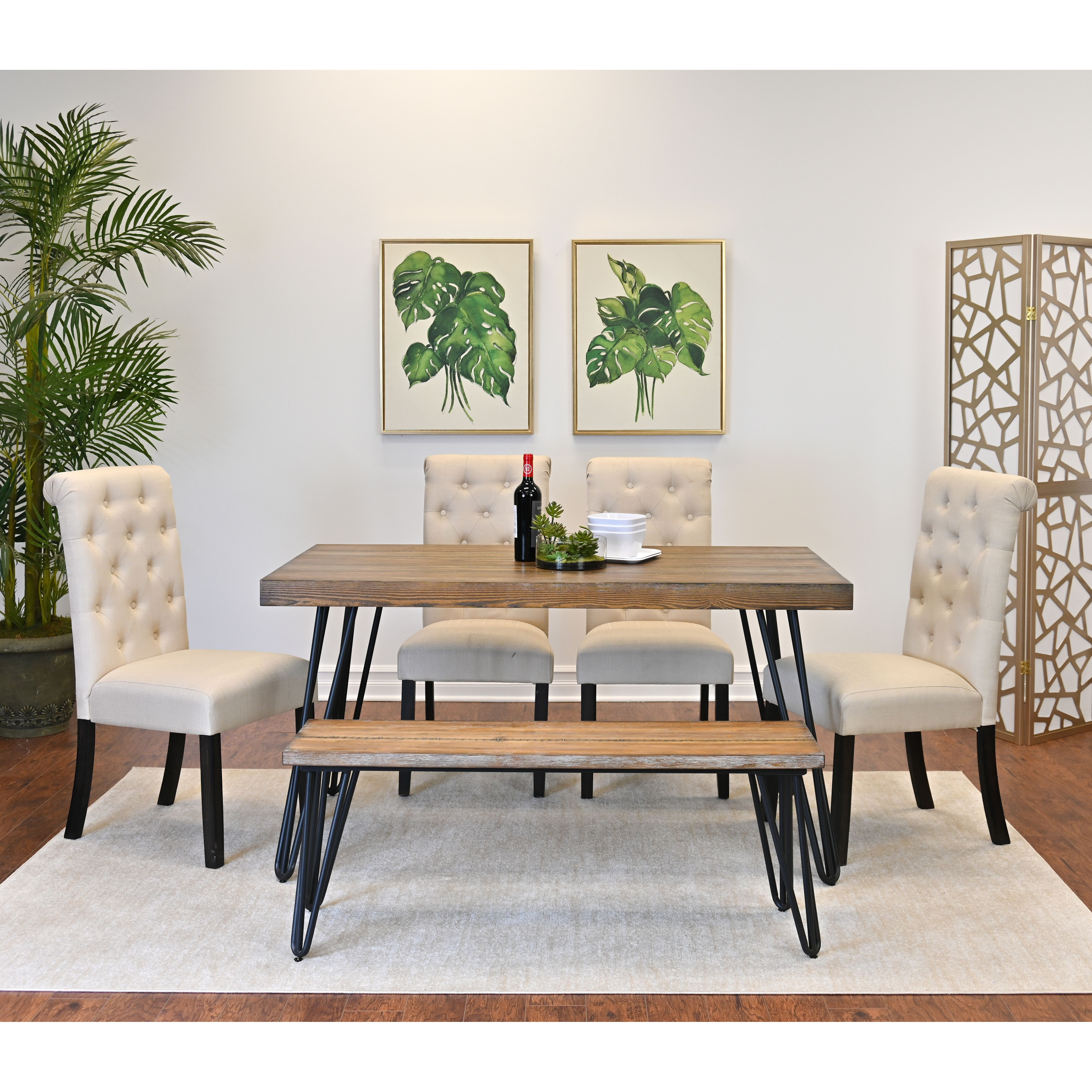 Ashford 6-Piece Dining Set, Hairpin Dining Table with 4 Chairs and Bench, 4 Color Options