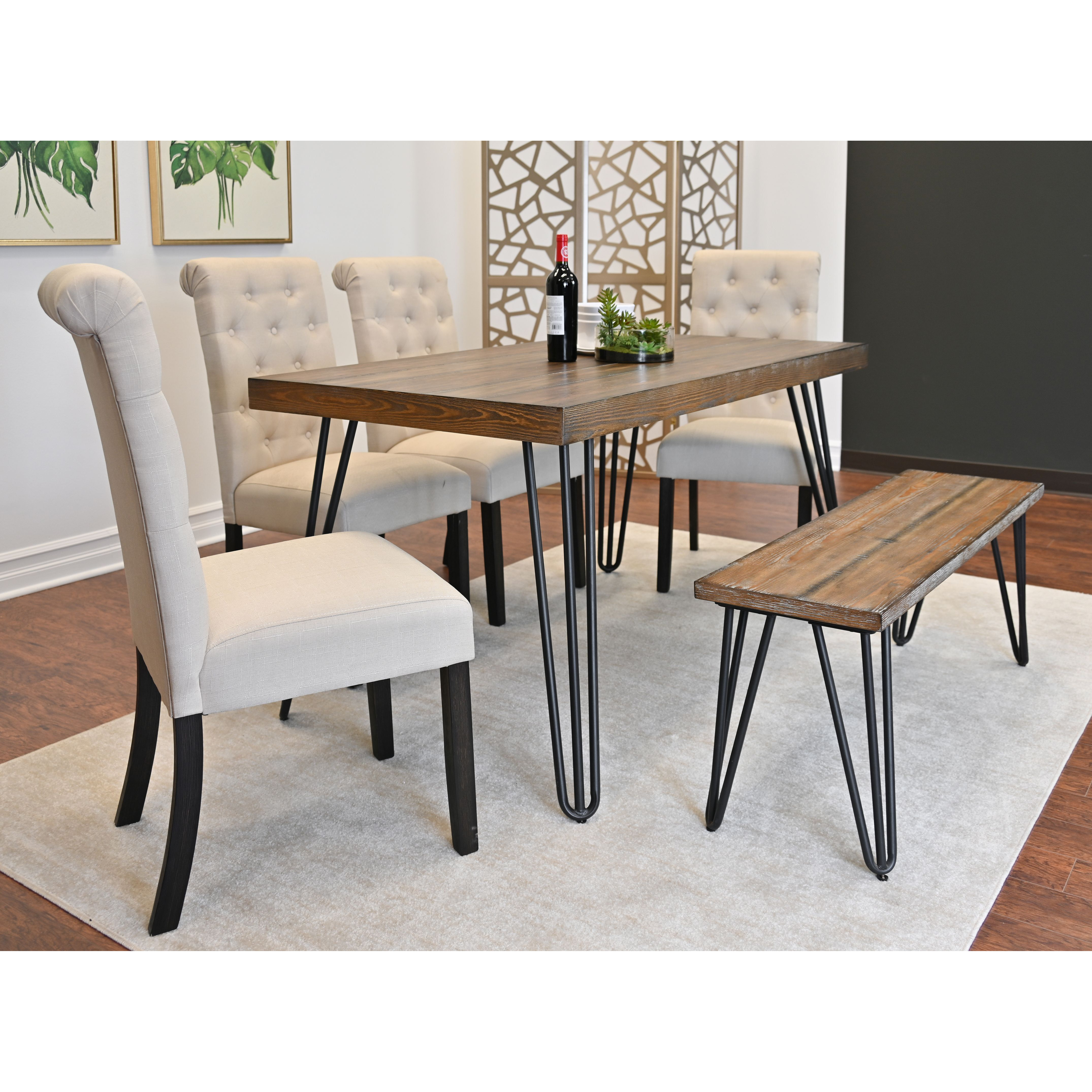 Ashford 6-Piece Dining Set, Hairpin Dining Table with 4 Chairs and Bench, 4 Color Options