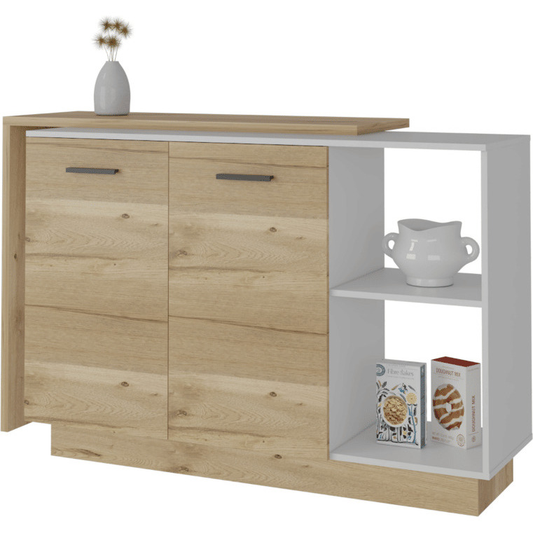 White and Light Oak 4-Door 2-piece Kitchen Set, Kitchen Island and Pantry Cabinet