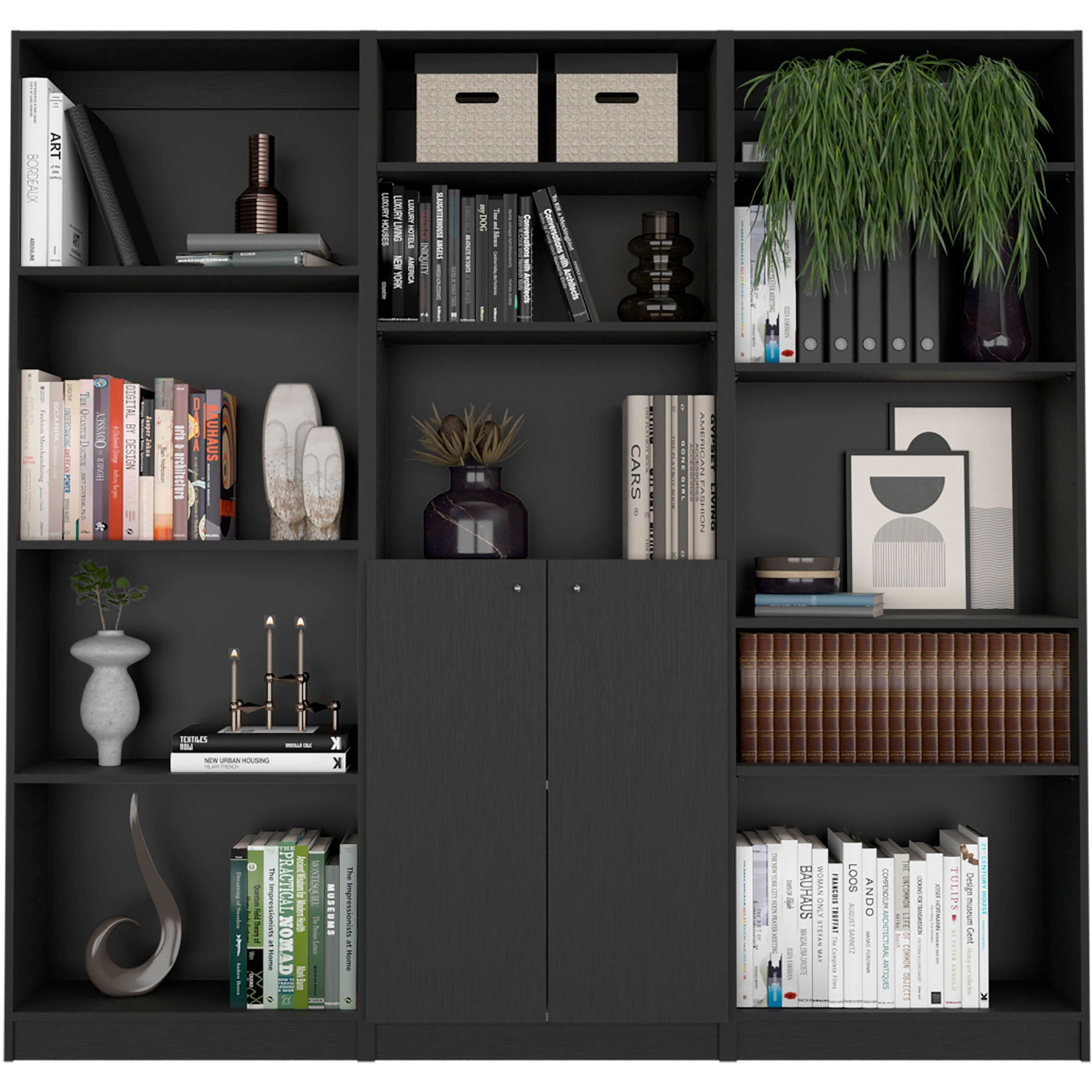 Black 3 Piece Living Room Set with 3 Bookcases