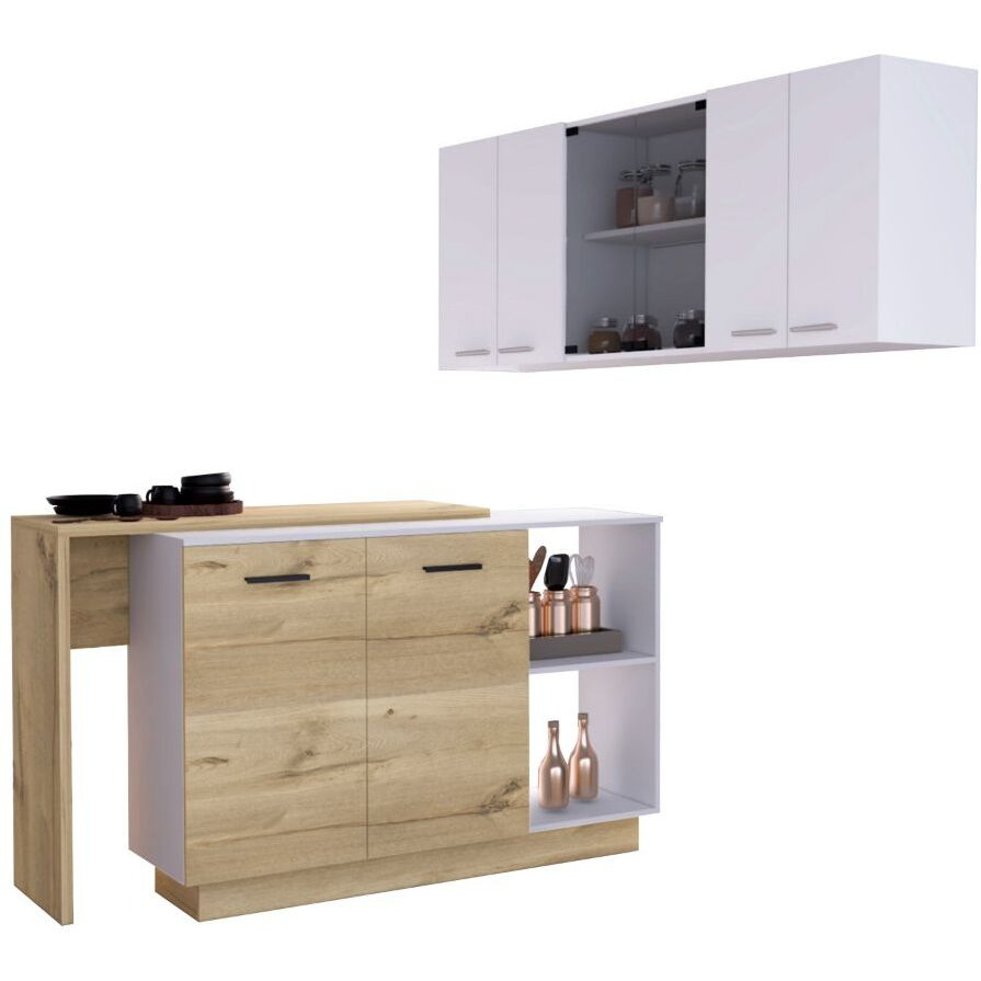 White and Light Oak 2-Piece Kitchen Set, Kitchen Island and Wall Cabinet