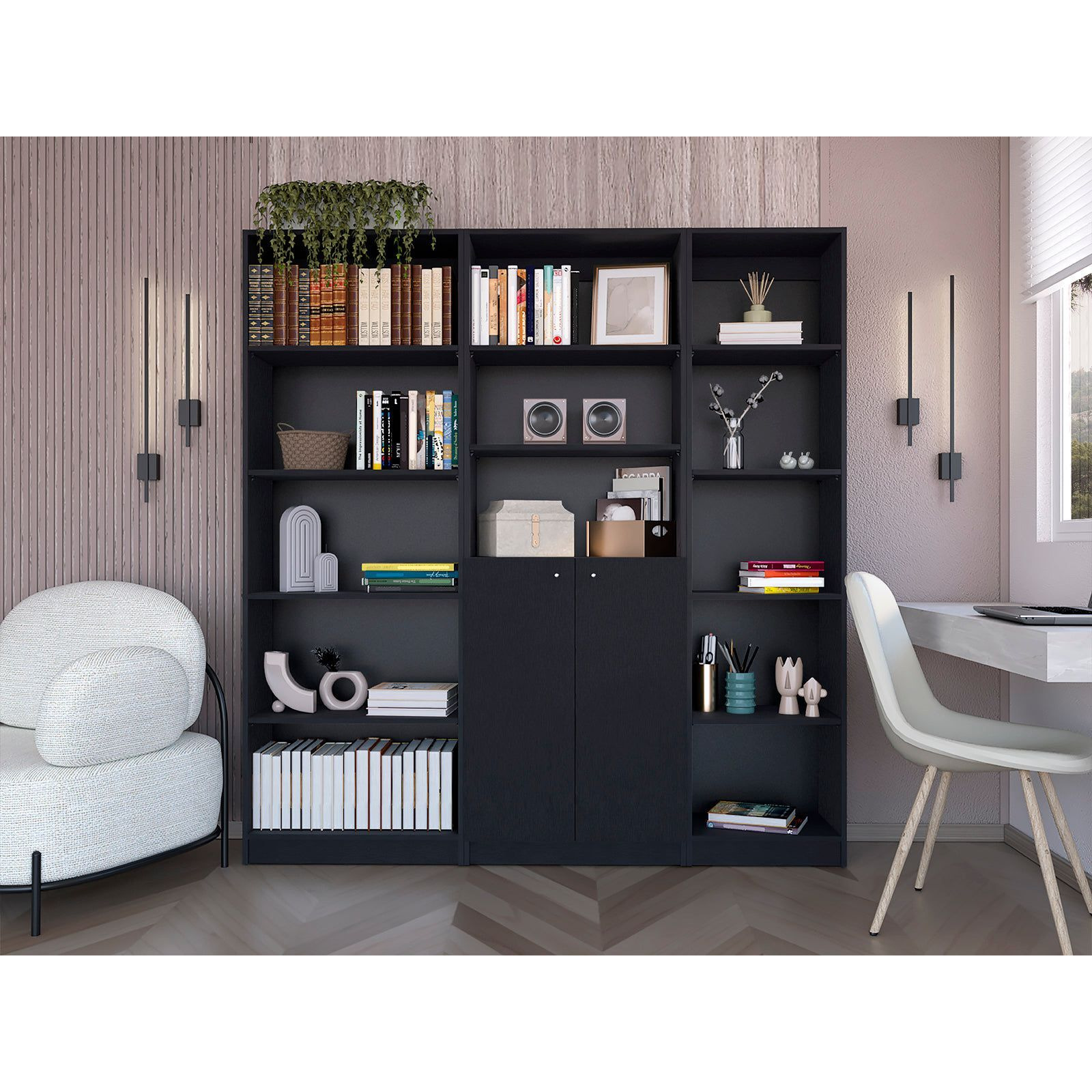 Black 3 Piece Living Room Set with 3 Bookcases