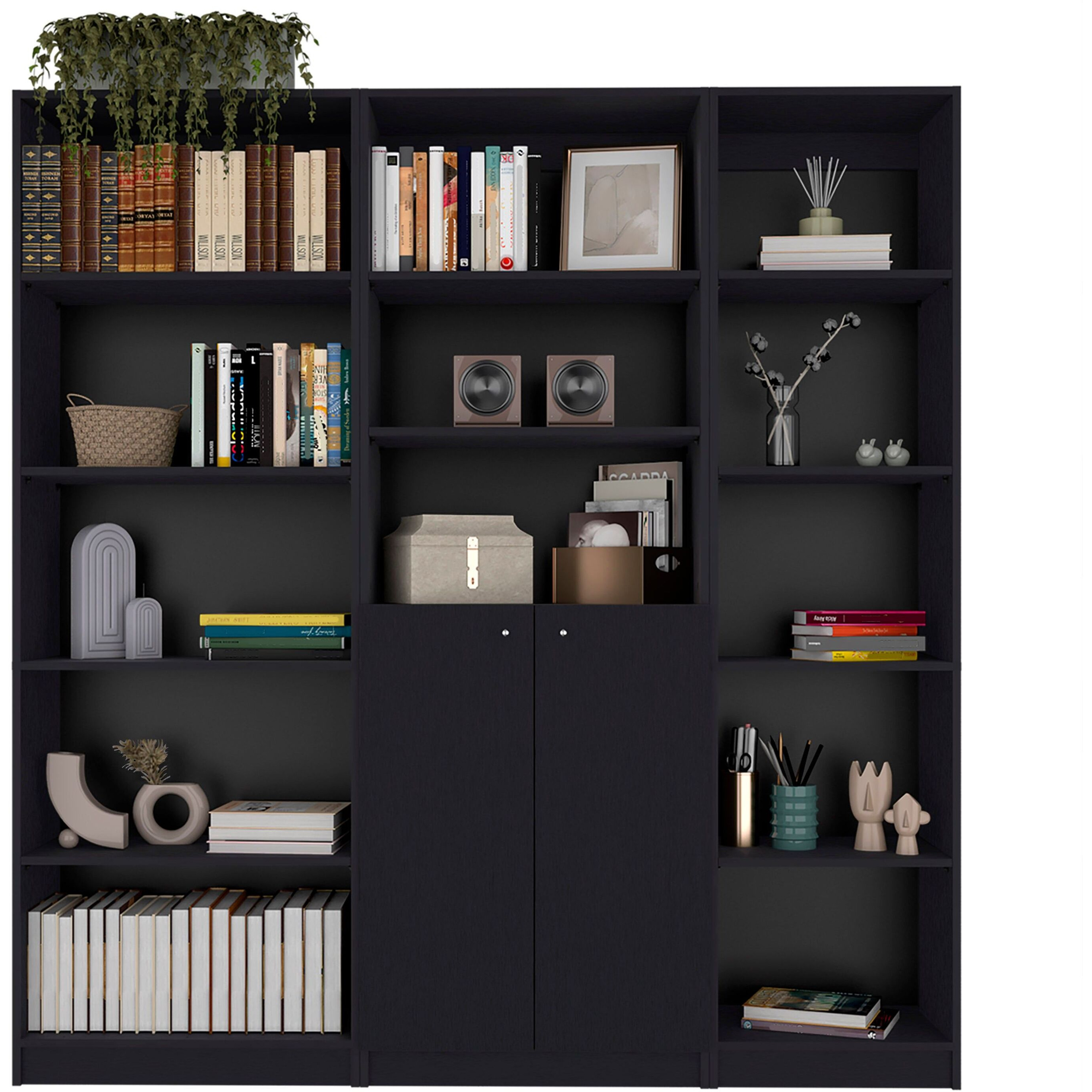 Black 3 Piece Living Room Set with 3 Bookcases