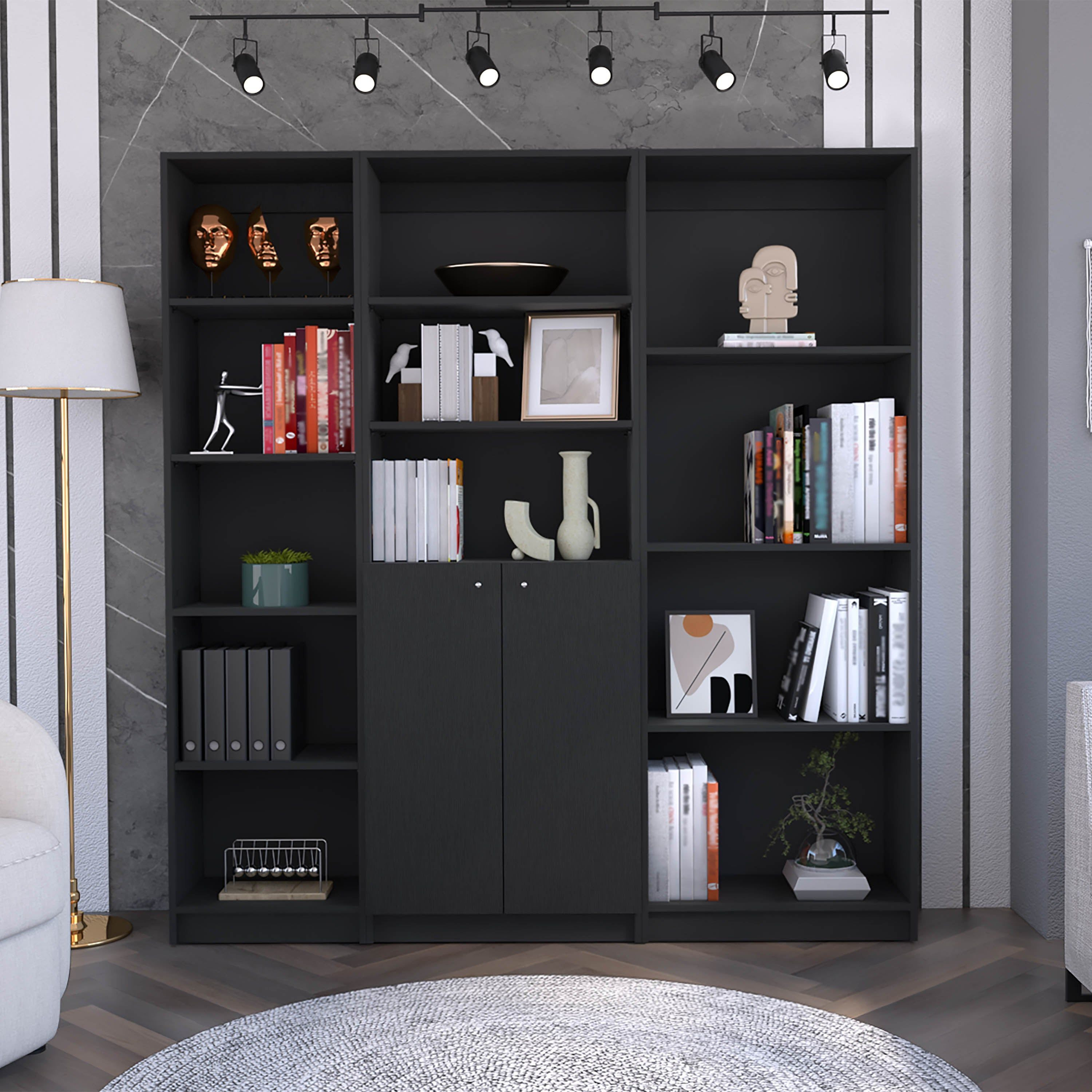 Black 3 Piece Living Room Set with 3 Bookcases