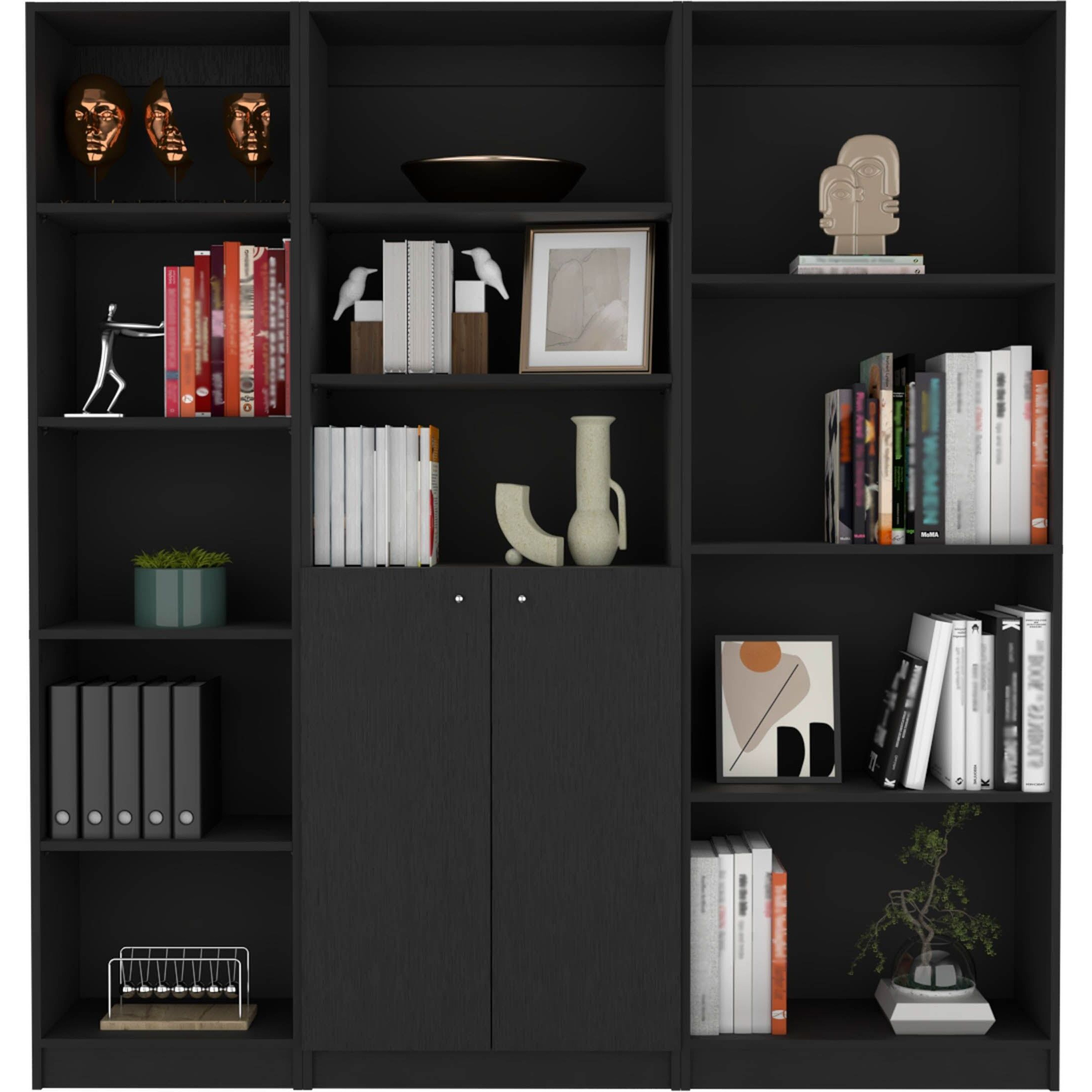 Black 3 Piece Living Room Set with 3 Bookcases