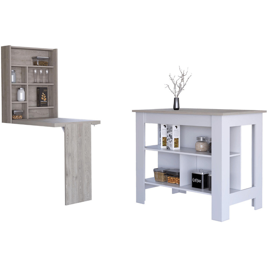 Wilmington 10-Shelf 2-piece Kitchen Set, Kitchen Island and Functional Table Whiteand Light Gray