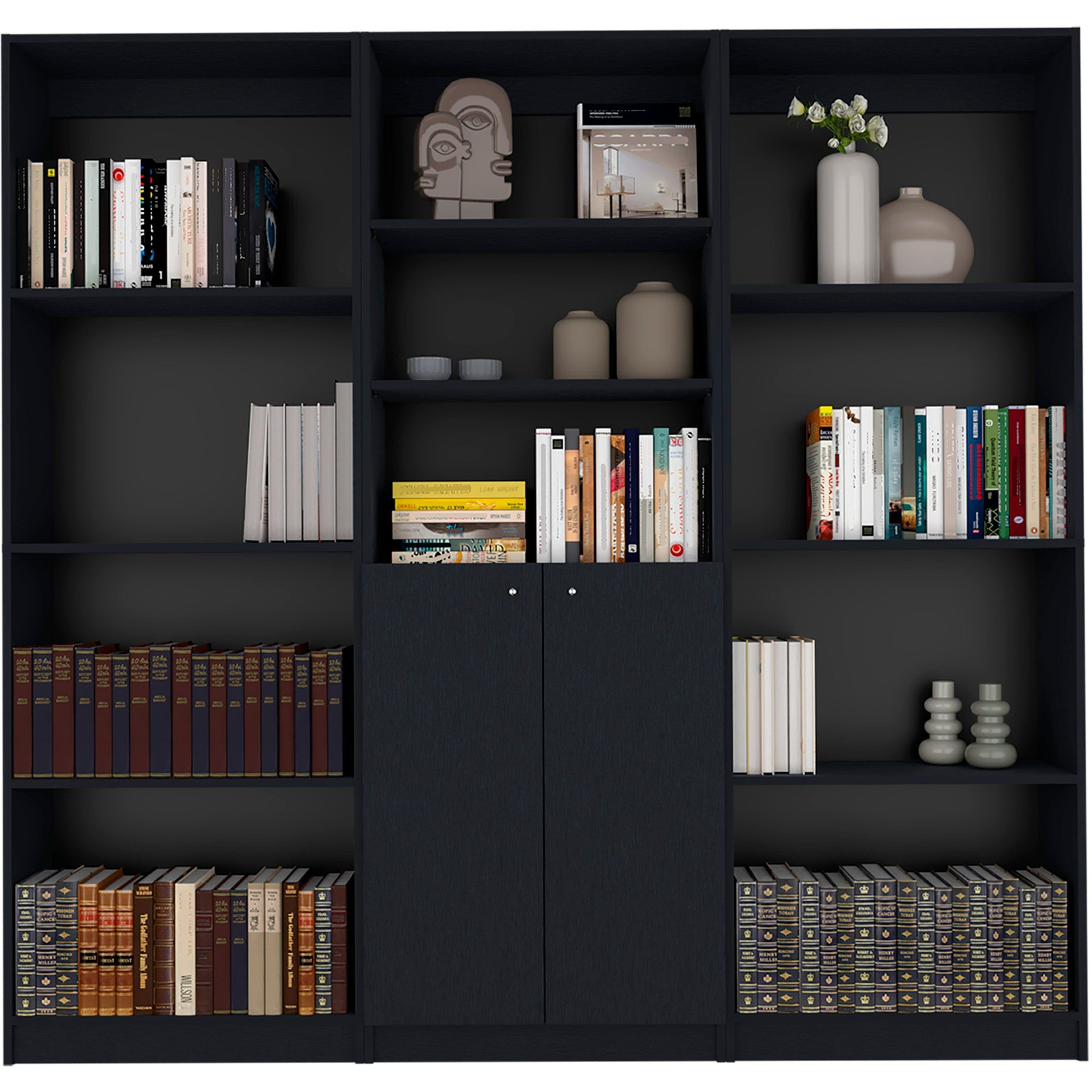 Black 3 Piece Living Room Set with 3 Bookcases