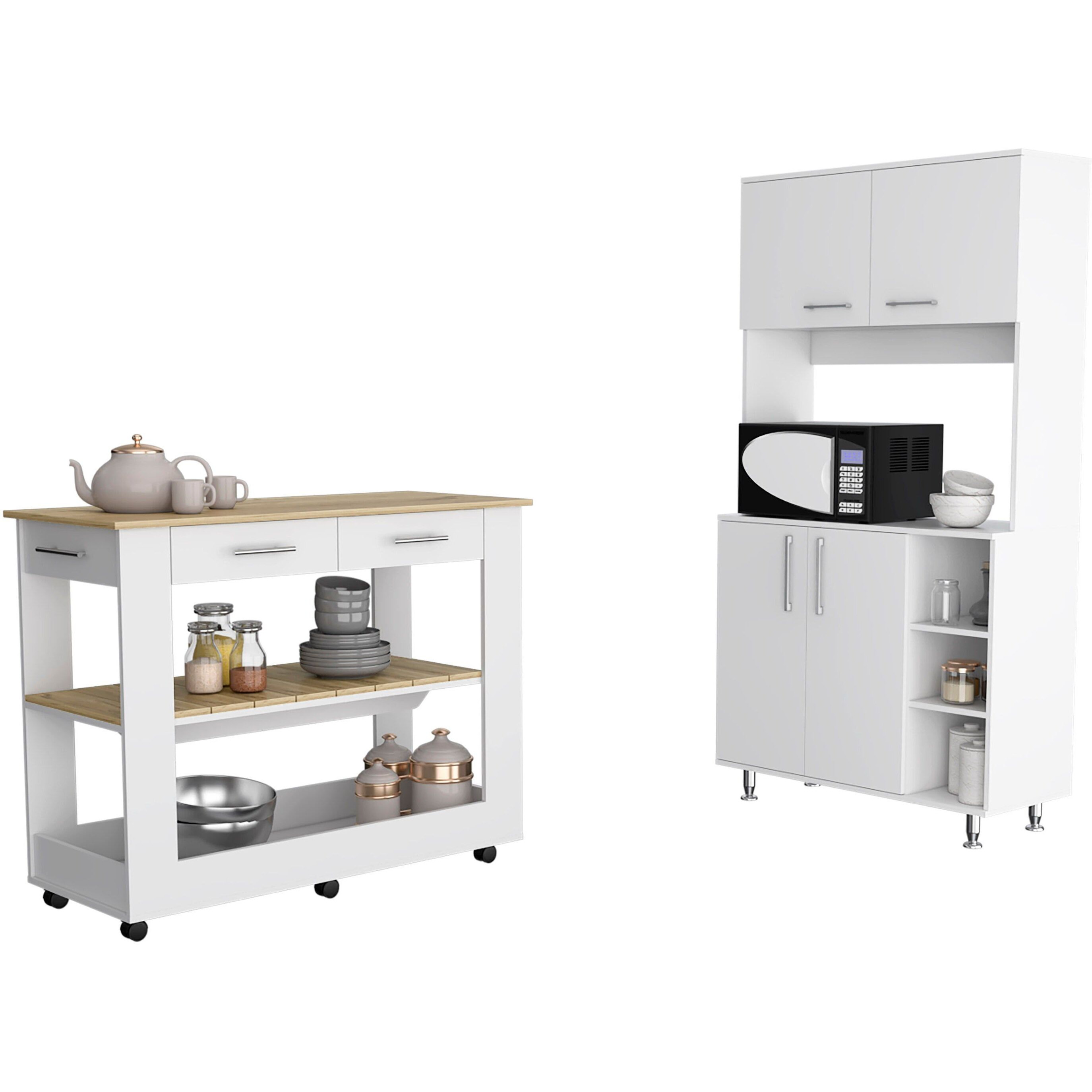 Nadina 4-Door 2-Drawer 2-piece Kitchen Set, Kitchen Island and Kitchen Pantry White and Light Oak