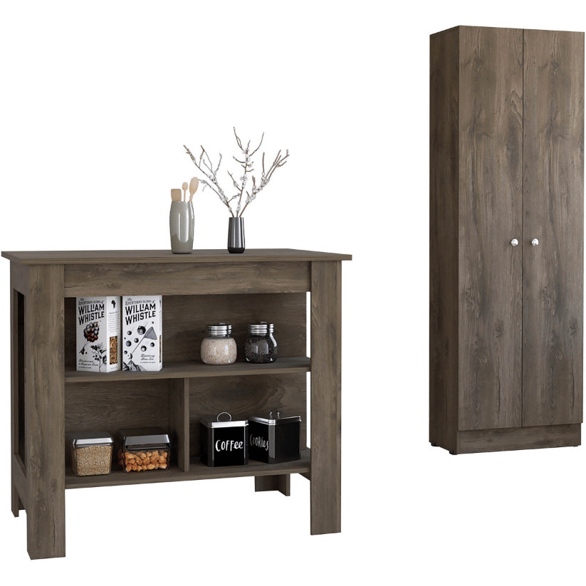 Roblar 8-Shelf 2-Door 2-piece Kitchen Set, Kitchen Island and Pantry Cabinet Dark Brownand Onyx