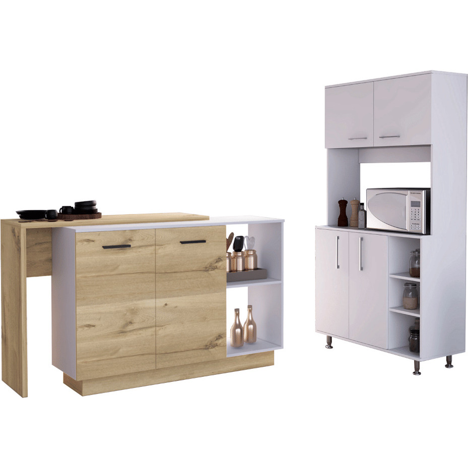 Dorchester 6-Shelf 6-Door 2-piece Kitchen Set, Kitchen Island and Pantry Cabinet White and Light Oak