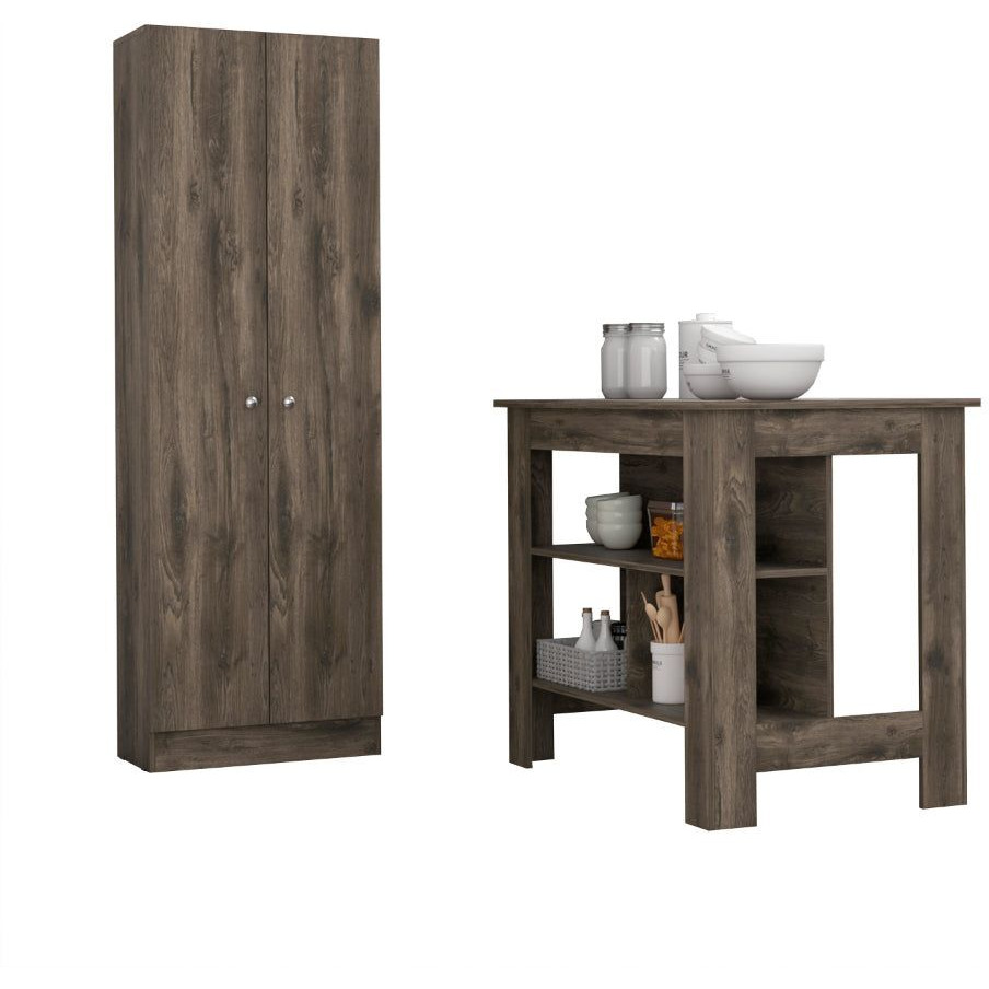 Brookvale 8-Shelf 2-Door 2-piece Kitchen Set, Kitchen Island and Pantry Cabinet Dark Brown