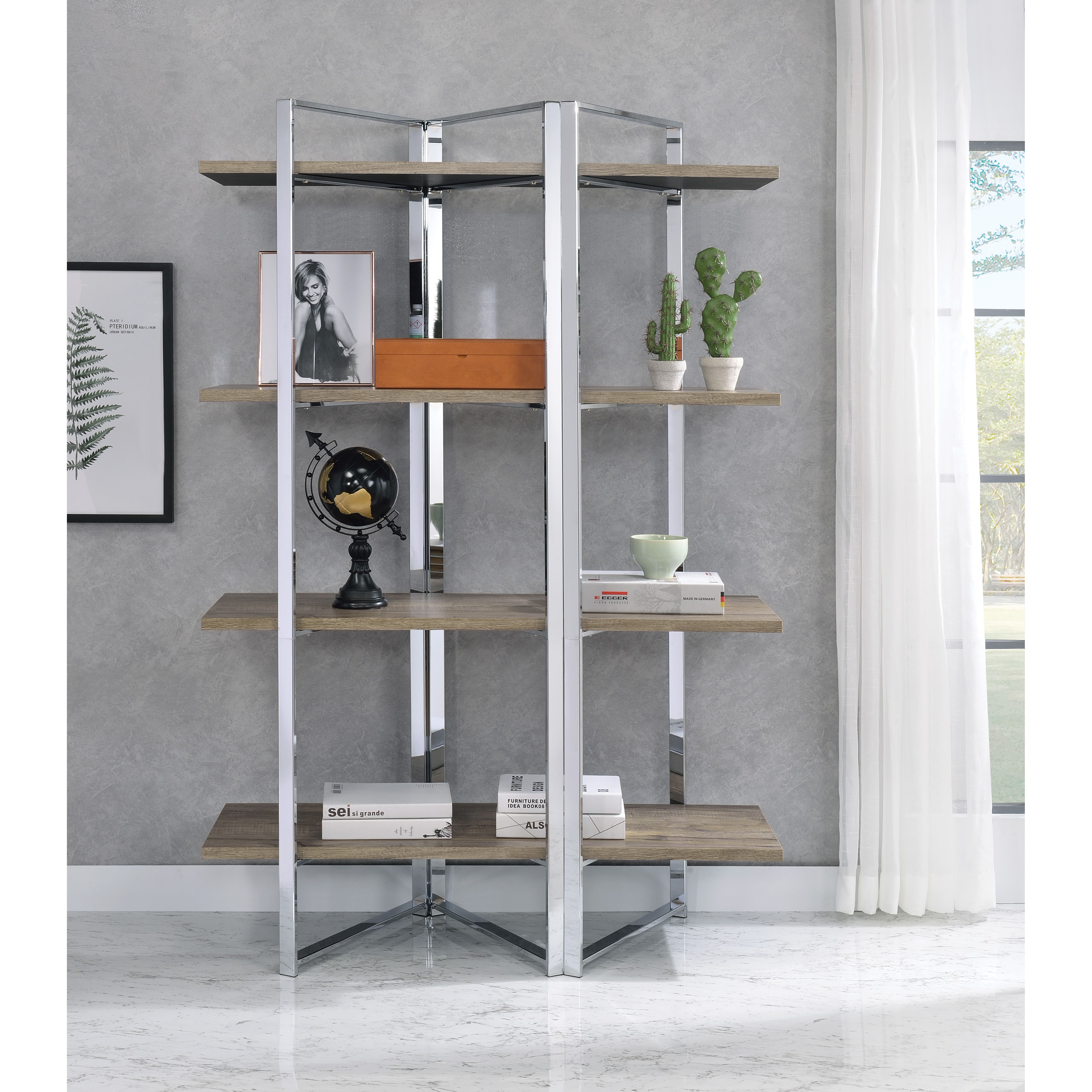 Natural and Chrome 4-Shelf Bookshelf