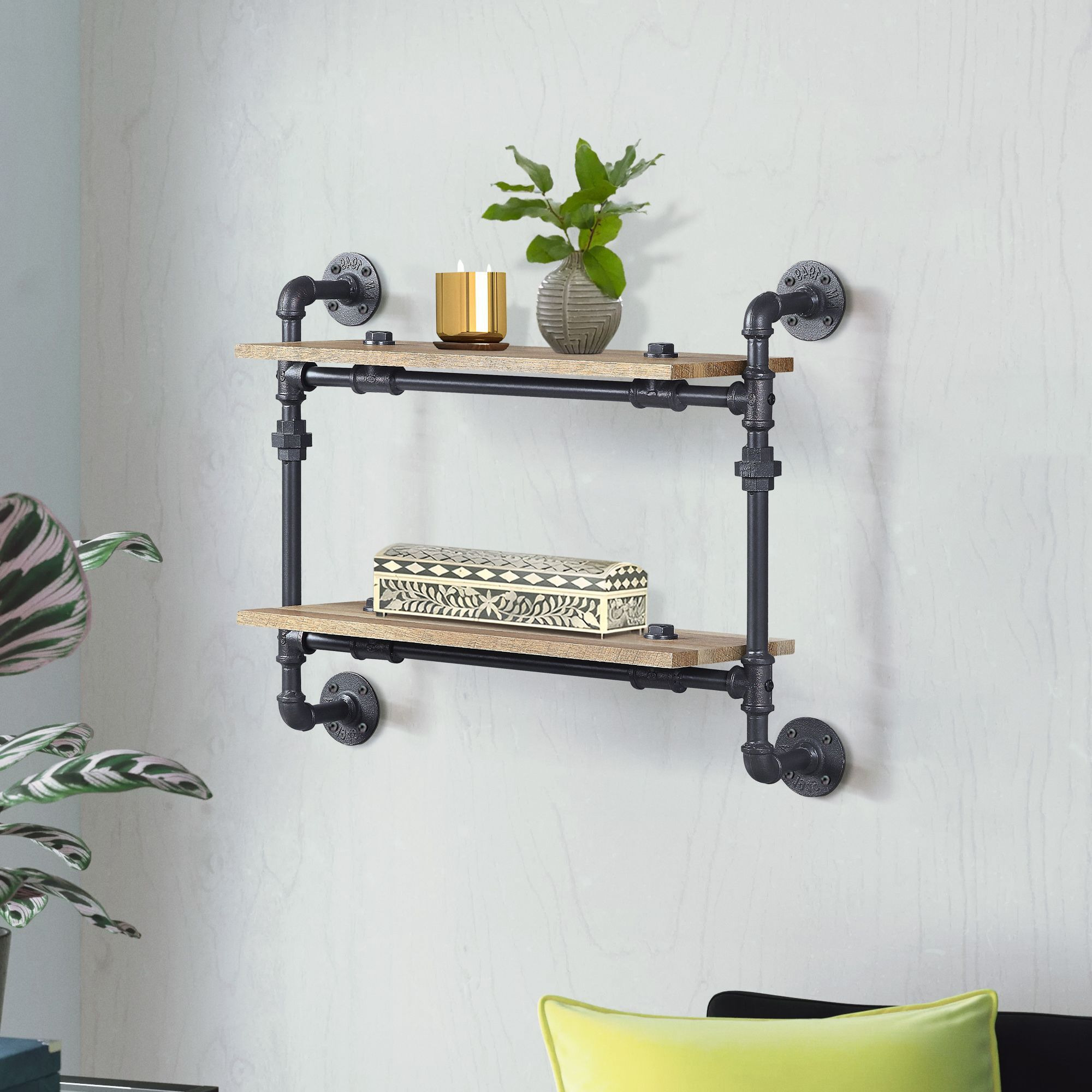 Oak and Sandy Black Rectangle 2-Tier Wall Shelf