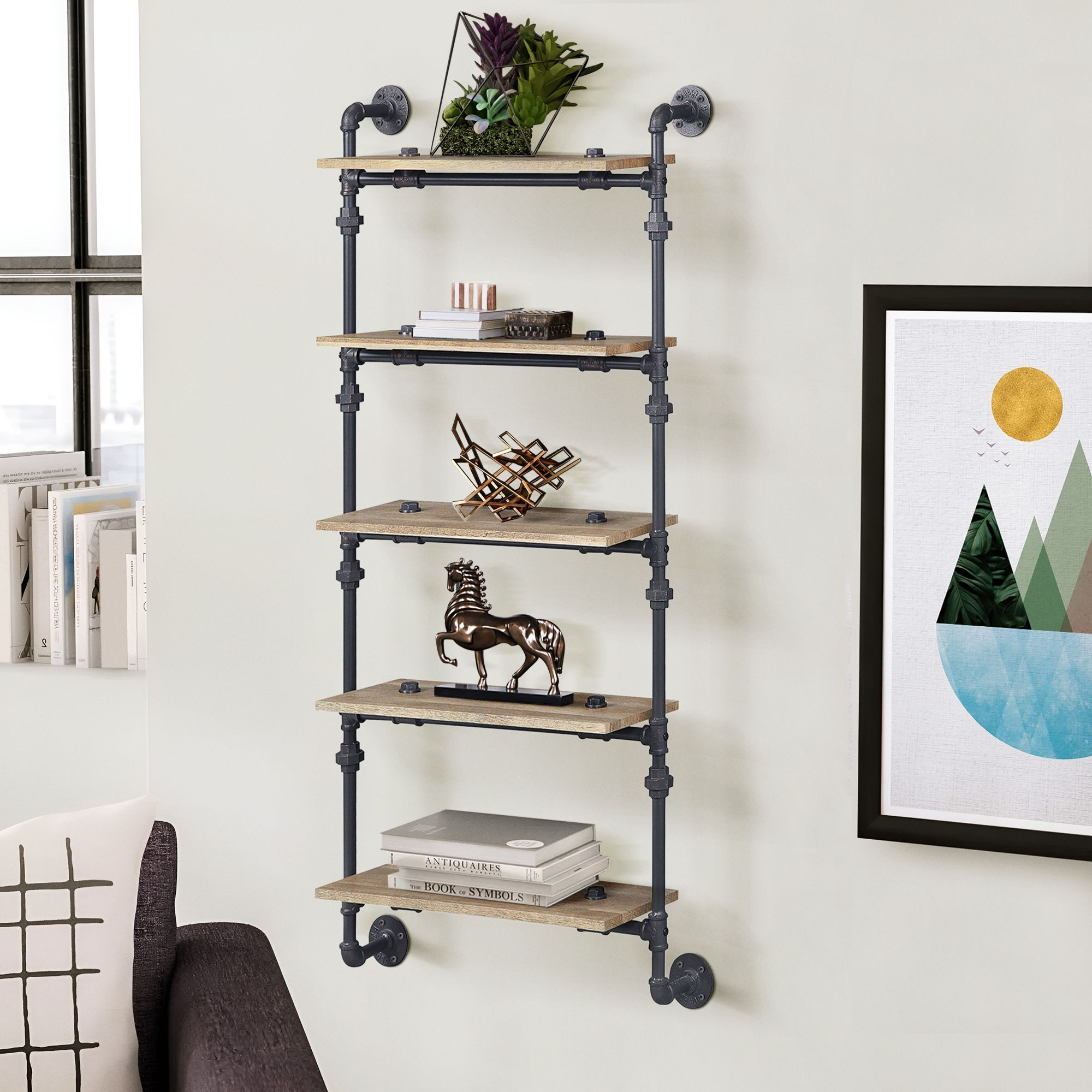 Oak and Sandy Black Rectangle 5-Tier Wall Shelf