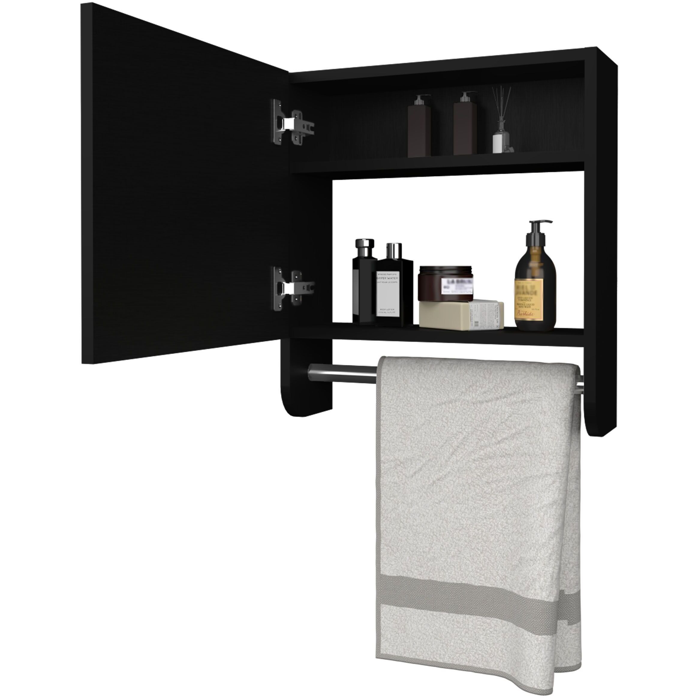 Pine Medicine Cabinet in Melamine With a Towel Bar And Included Mirror, Black