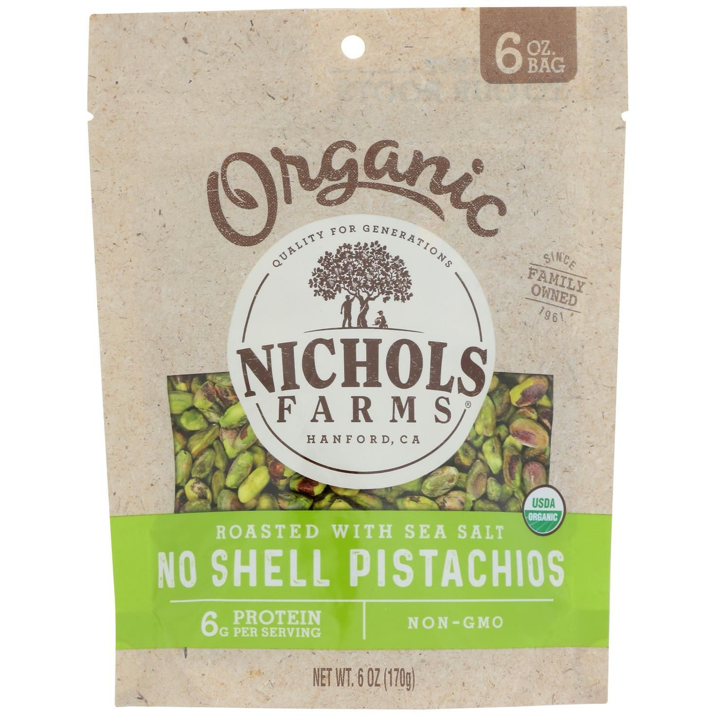 Nichols Farms - Pistachio Organic Grade 2 No Shell Roasted Salted - Case Of 15-6 Ounces