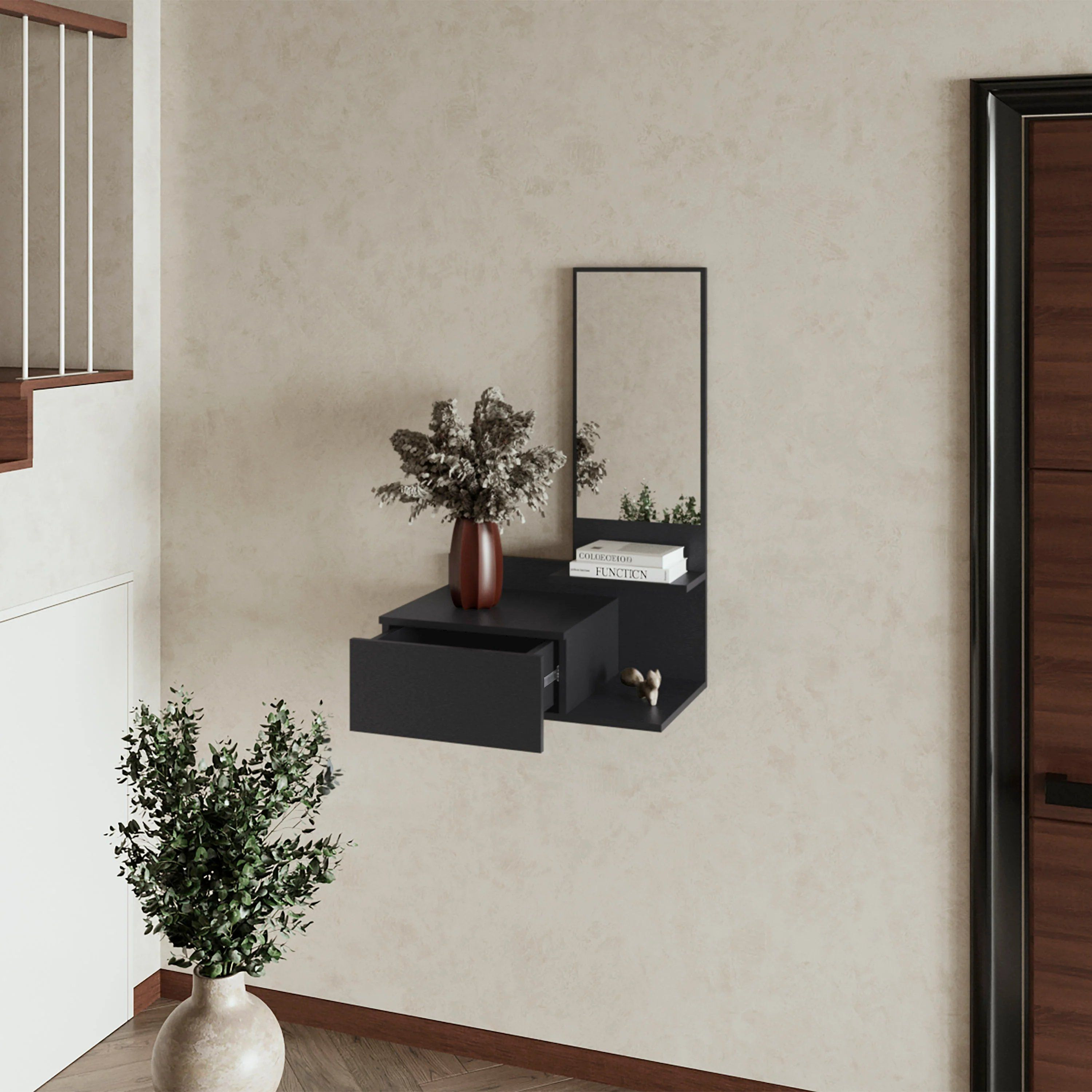 Black Floating Vanity with Included Mirror