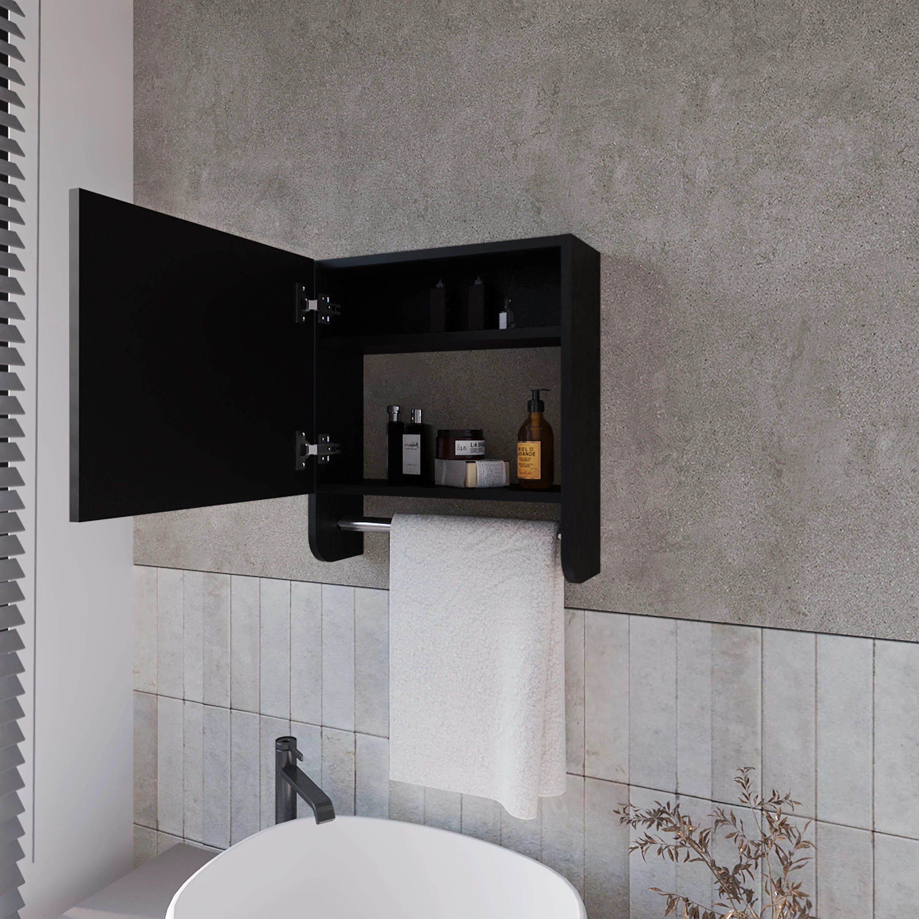 Black Medicine Cabinet with Towel Bar and Included Mirror