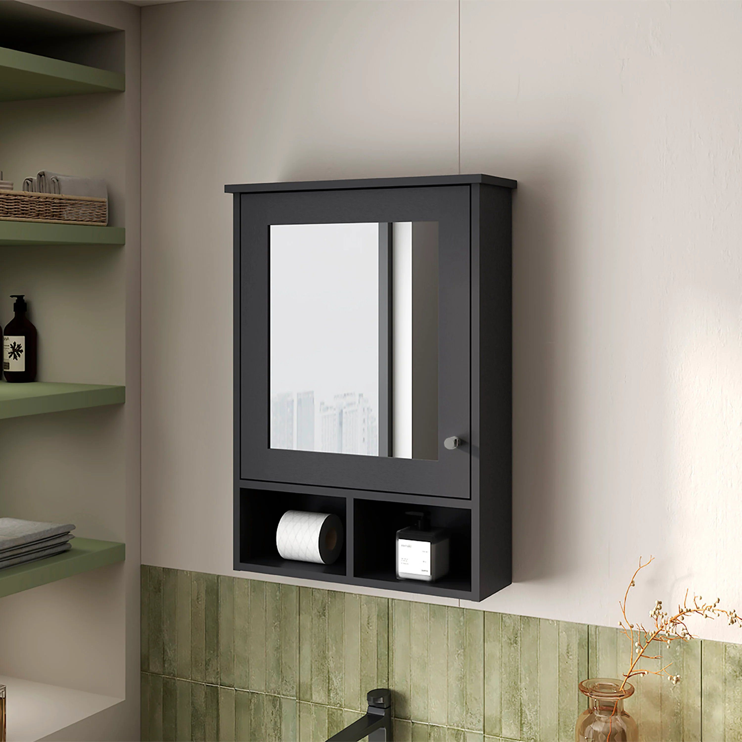 Black Medicine Cabinet with Door and Included Mirror