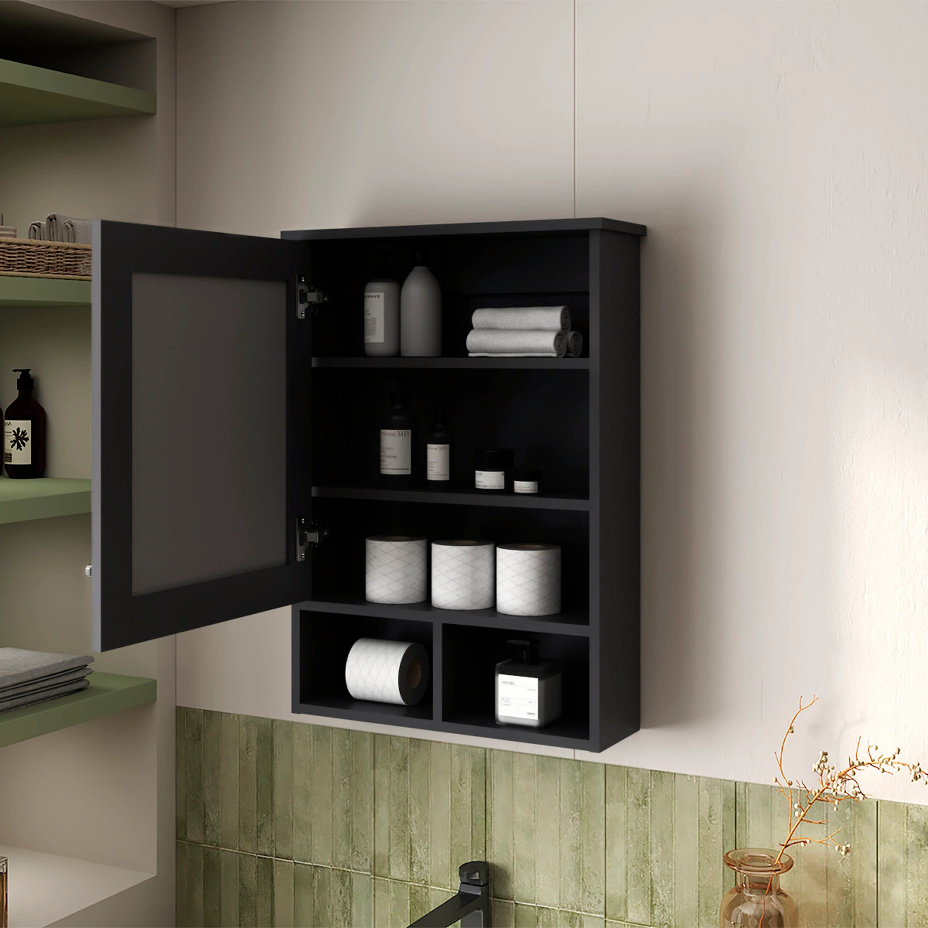 Black Medicine Cabinet with Door and Included Mirror