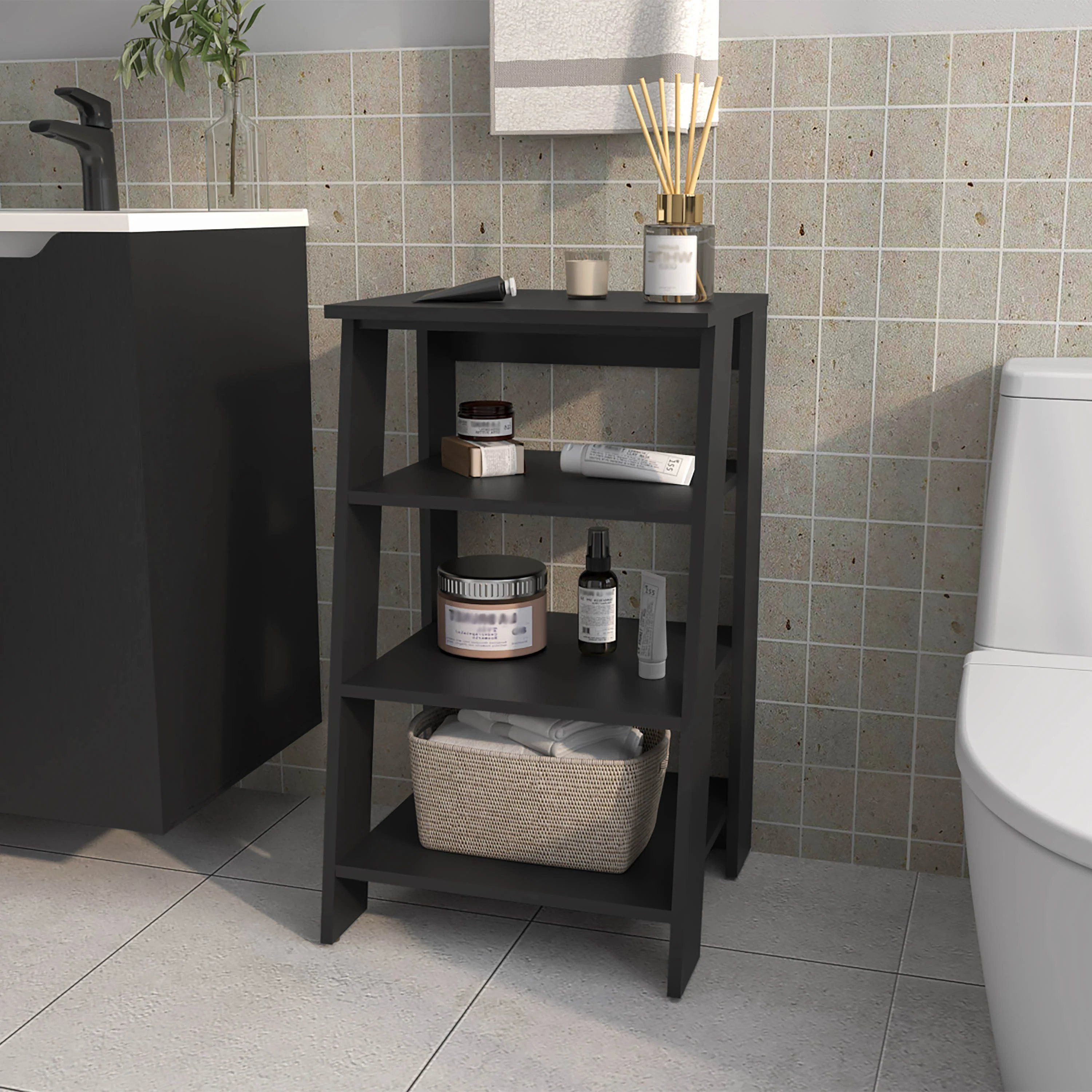 Black Freestanding Bathroom Shelf with Open Storage