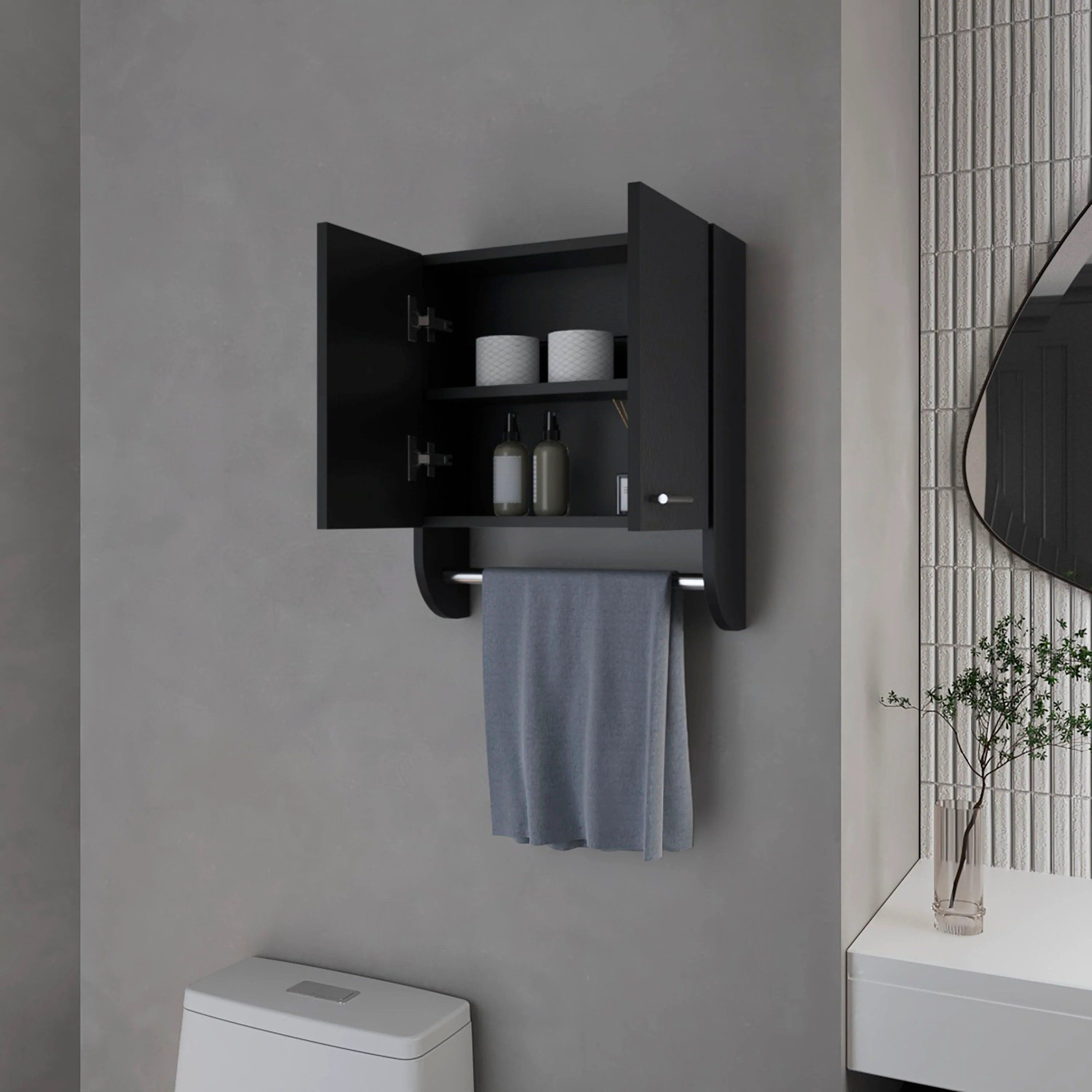 Black Medicine Cabinet with Towel Bar