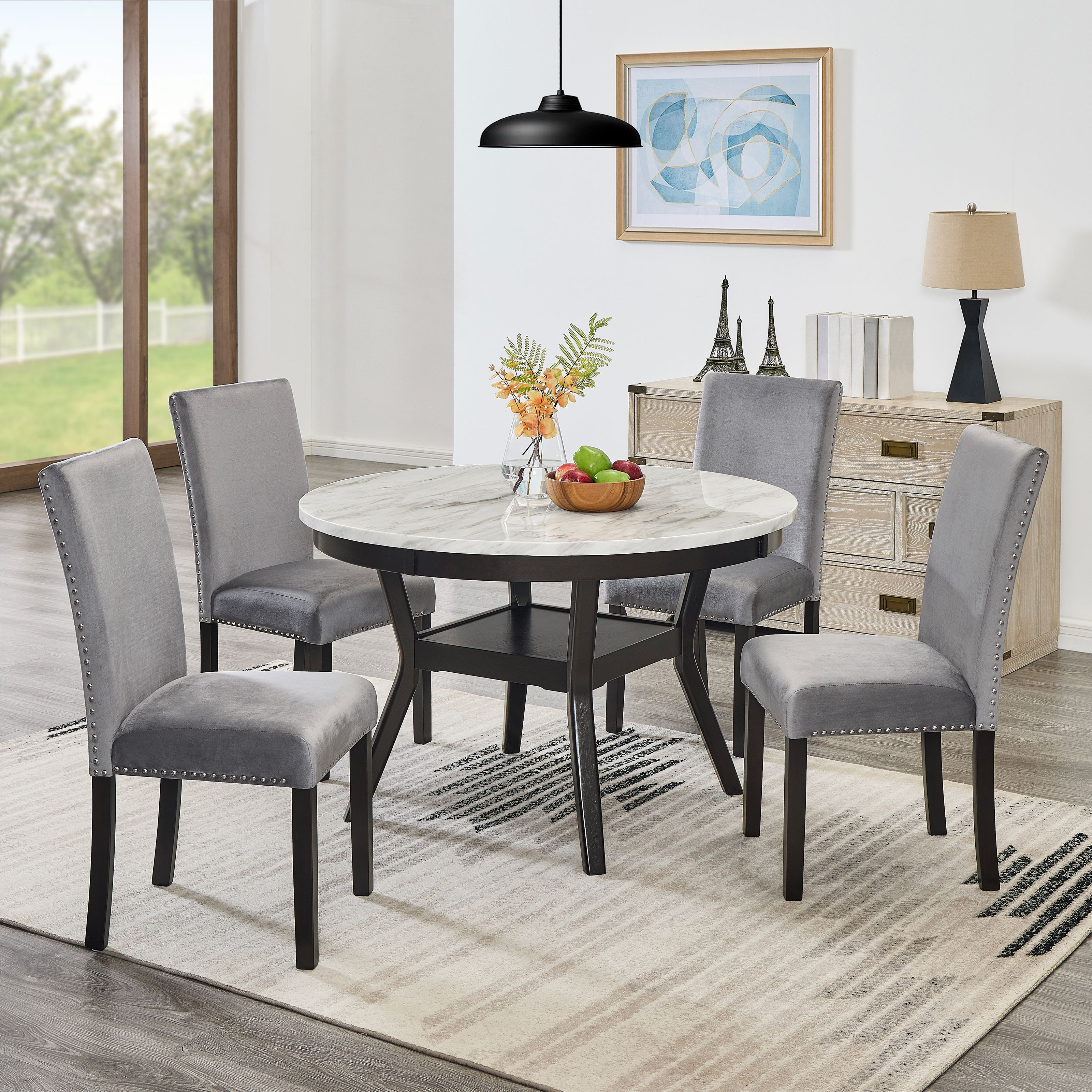 5-Piece Mella Dining Set - Round Faux Marble Table with 4 Gray Velvet Parsons Chairs, Dark Espresso Finish